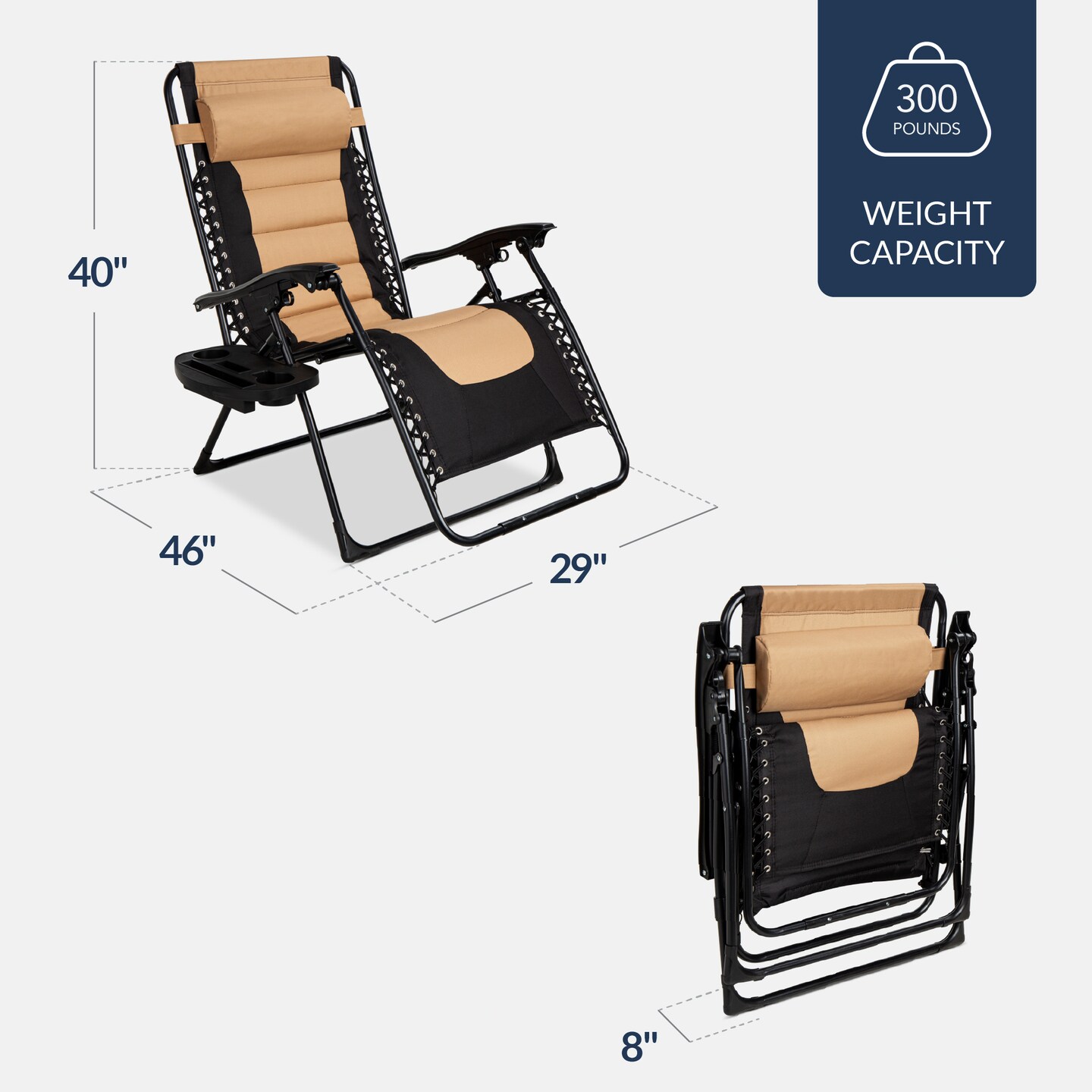 Best Choice Products Oversized Padded Zero Gravity Chair, Folding Outdoor Patio Recliner w/ Side Tray