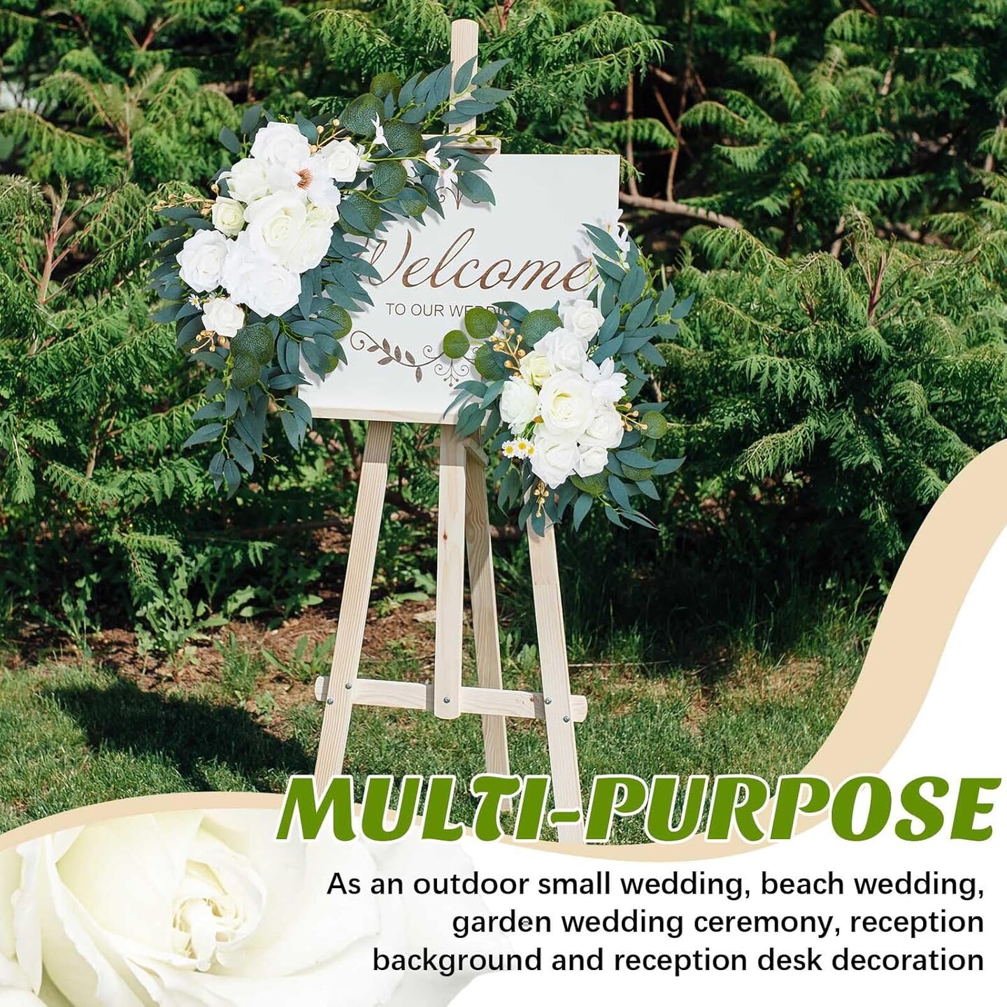 4 Pcs Wedding Arch Flowers and Drape Kit Include 2 Artificial Floral Swag and 2 White Chiffon Drapes