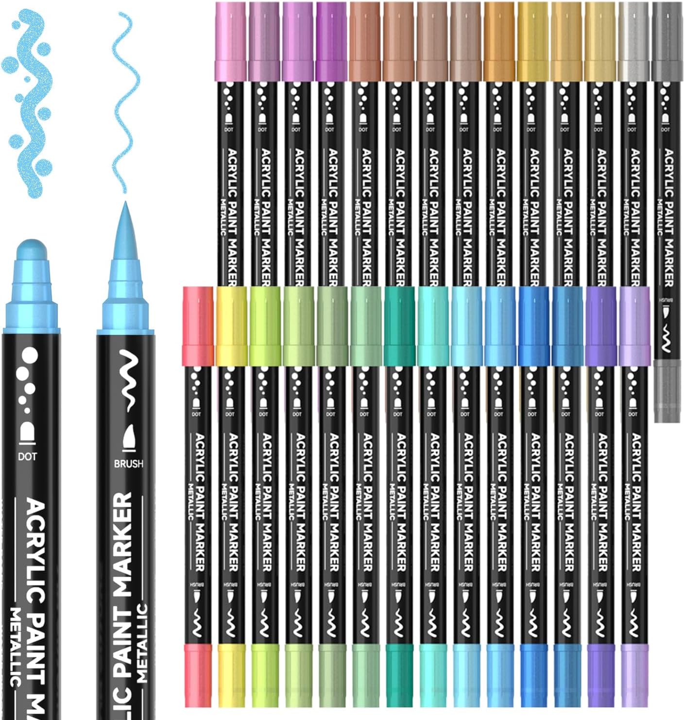 28 Metallic Acrylic Paint Markers – Dual Tip Brush & Dot Tips for Rock, Wood, Glass, Ceramic, Canvas, Plastic, Calligraphy, DIY Crafts
