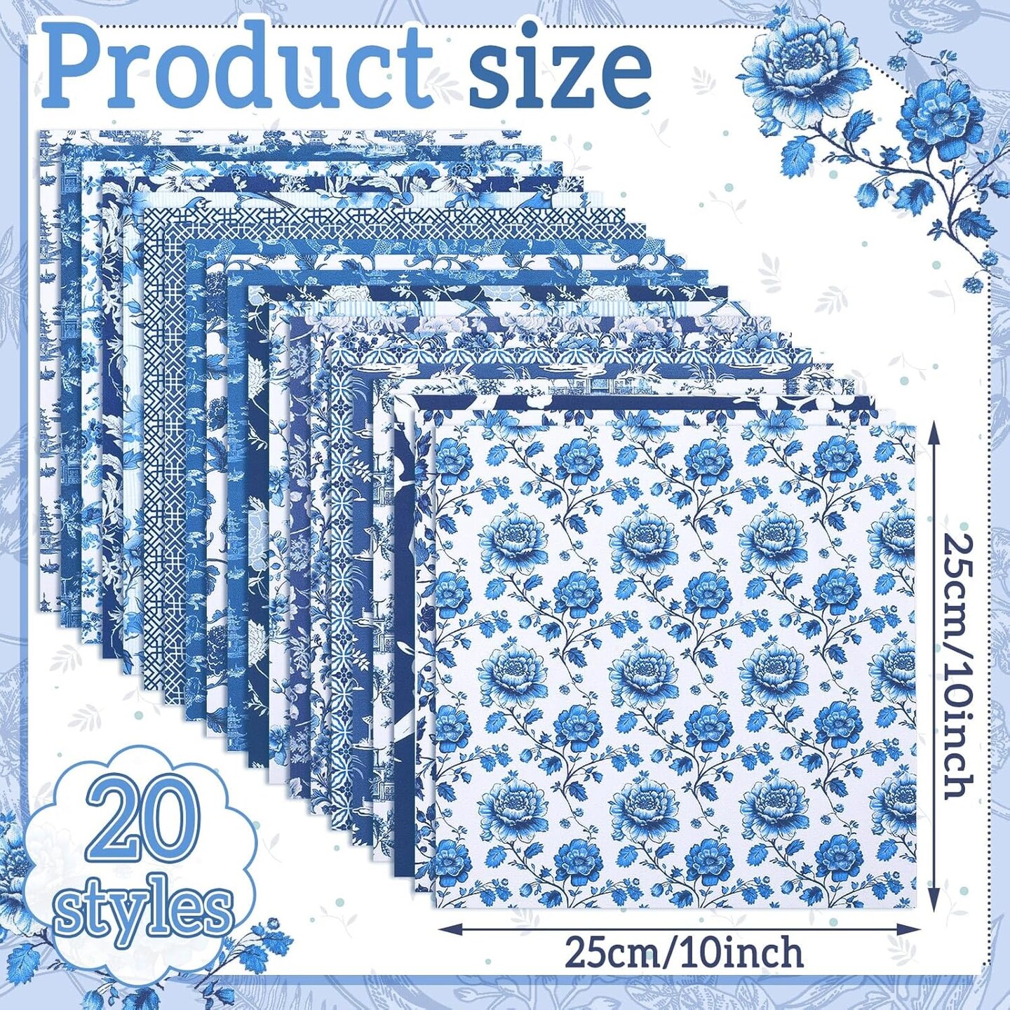 60 Pcs 10 x 10 Inch Blue and White Quilting Precut Fabric Squares
