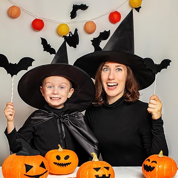 2 Pack Halloween Black Witch Hats with Hanging Rope