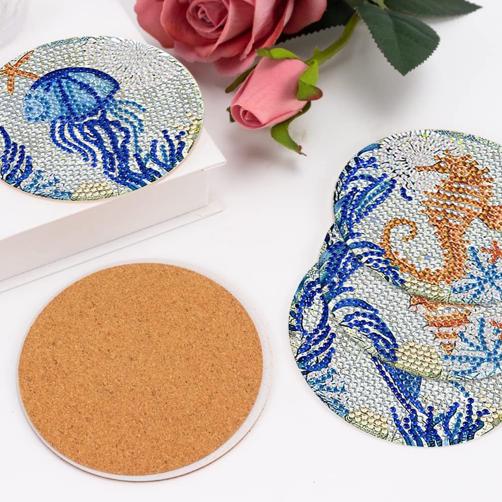 8 Pcs DIY Ocean Art Painting Coasters Set with Holder, Marine Life Designs