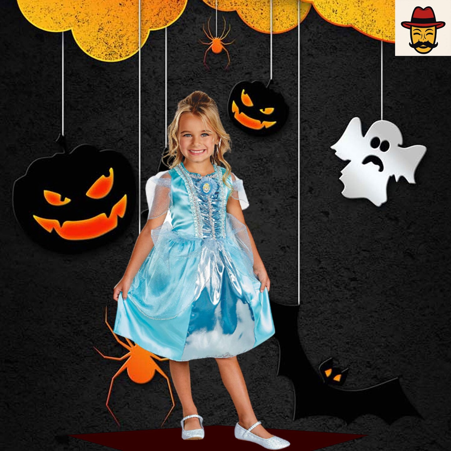 Girls Cinderella Sparkle Costume Blue Satin Dress with Sheer Sleeves