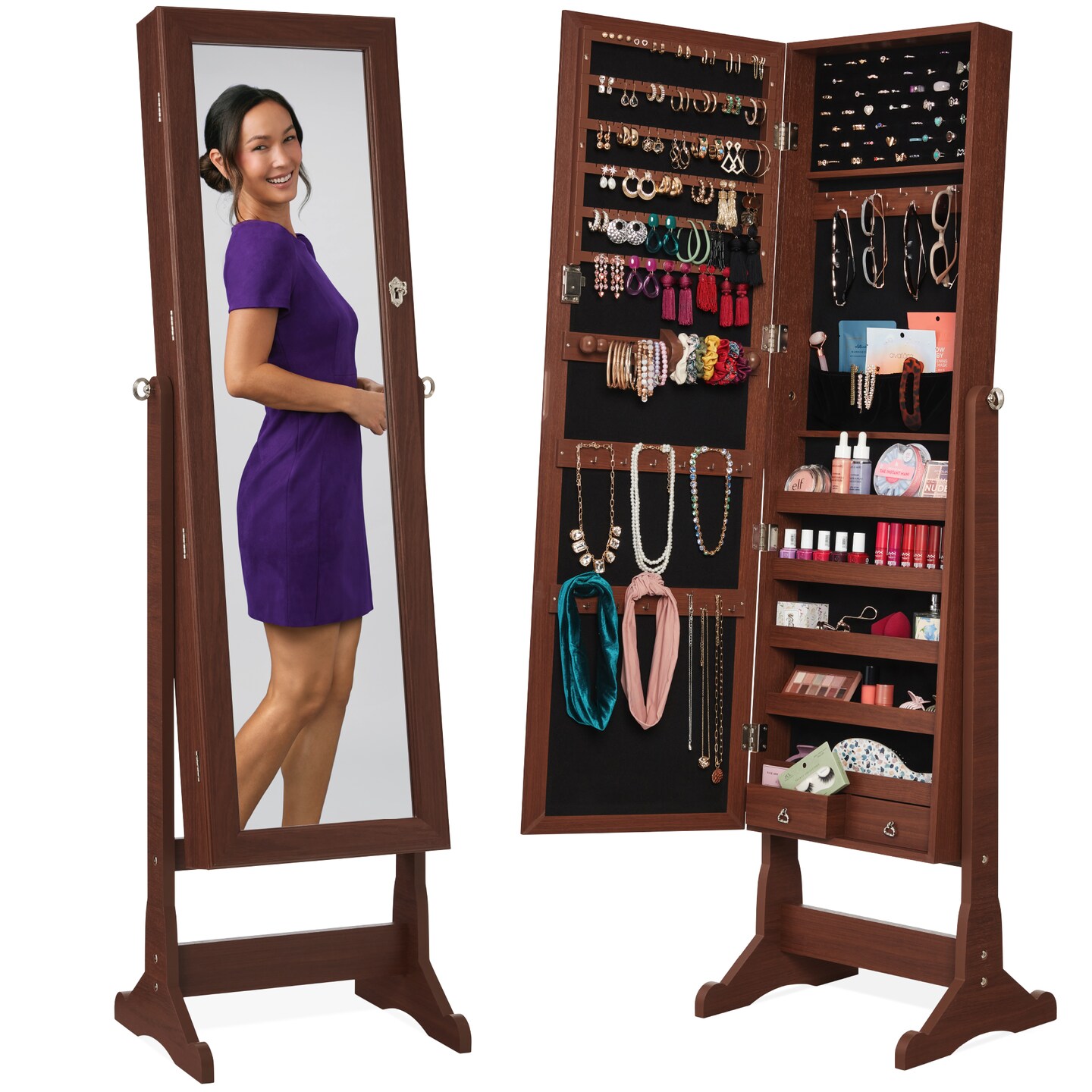 Best Choice Products Jewelry Armoire Cabinet, Full Length Mirror w/ Velvet Storage Interior, Lock