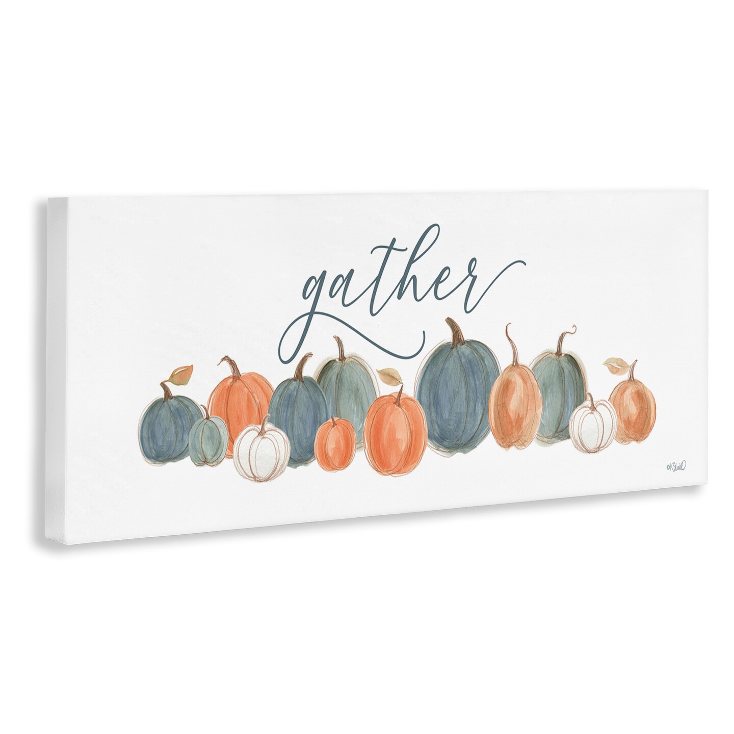 Gather Cursive Script Minimal Autumnal Pumpkins Arrangement Canvas Art