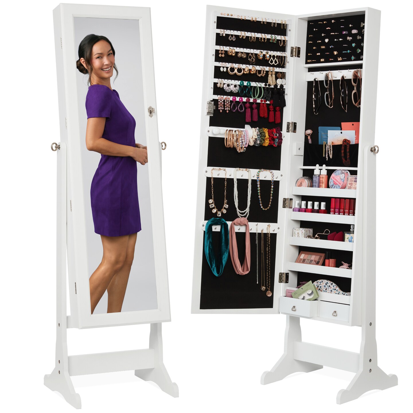 Best Choice Products Jewelry Armoire Cabinet, Full Length Mirror w/ Velvet Storage Interior, Lock
