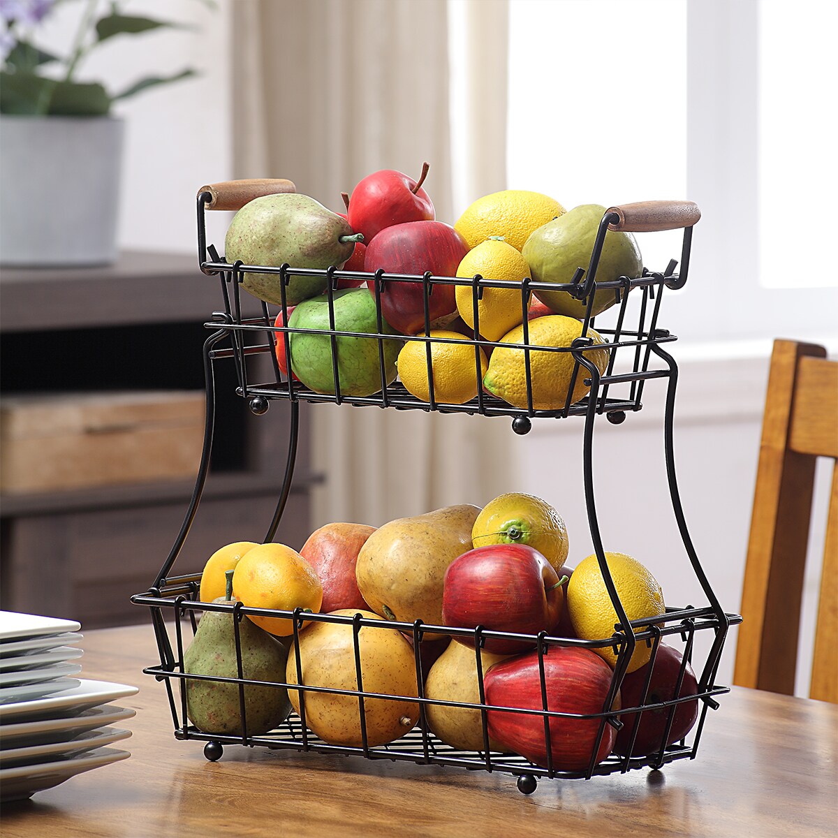 2-Tier Rectangle Countertop Fruit, Bread Wire Basket (Metal + Wood base)