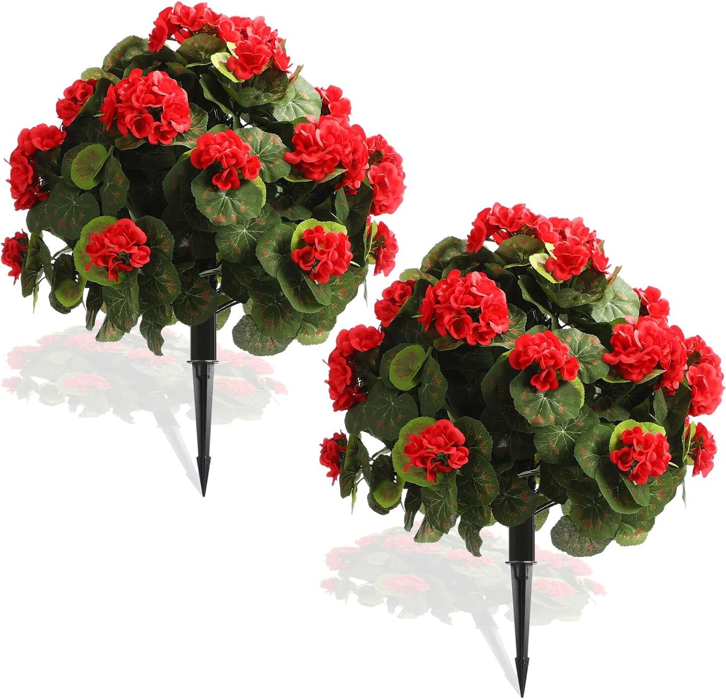 2-Pack 22'' Artificial Geranium Topiary Balls – Outdoor Faux Shrub with Ground Spikes, Potted or Hanging, Easy to Shape, Garden, Porch & Home Décor (Red and Green)