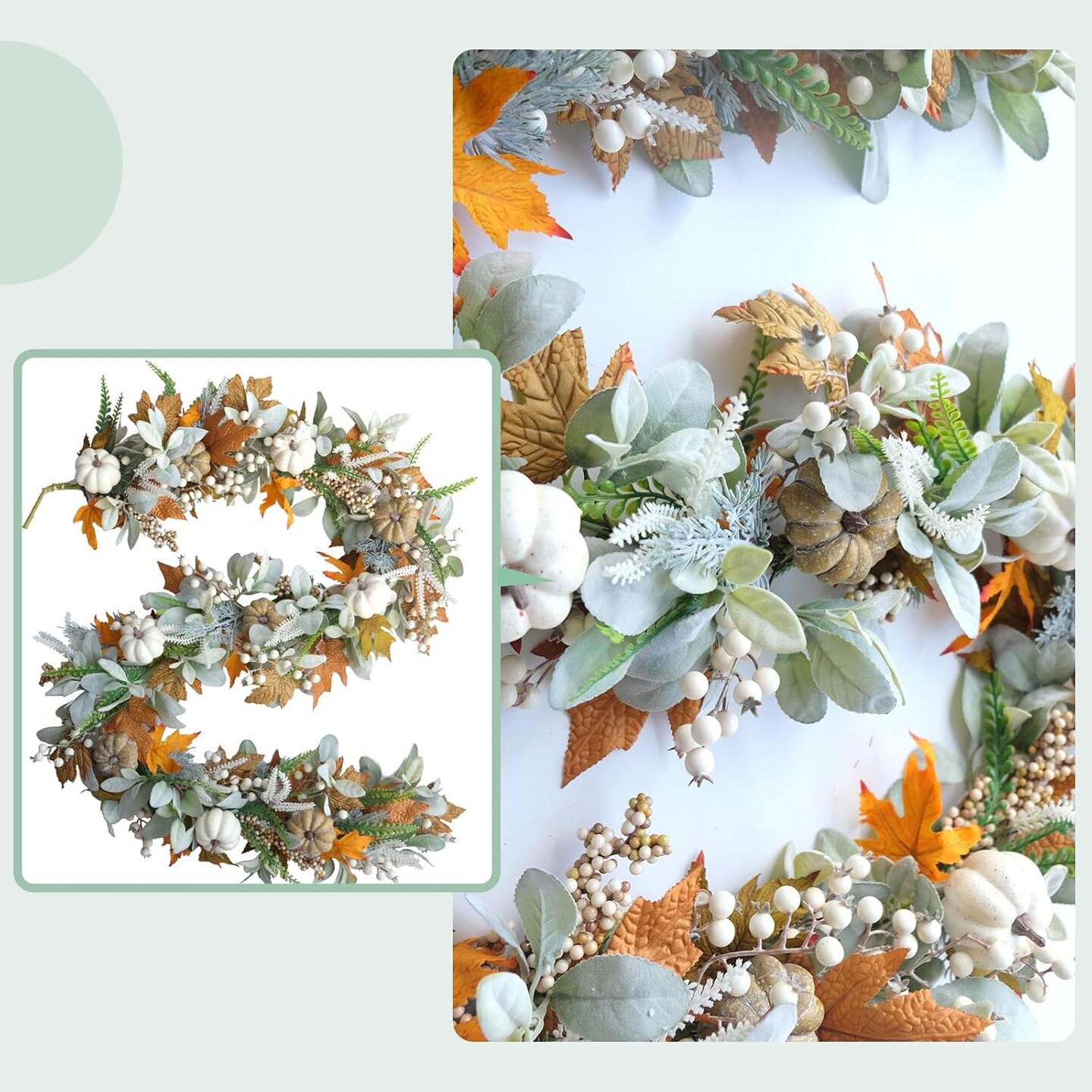 Thanksgiving Fall Wreath Eucalyptus Berries Pumpkins Lamb Ears Leaves Pumpkin Garland