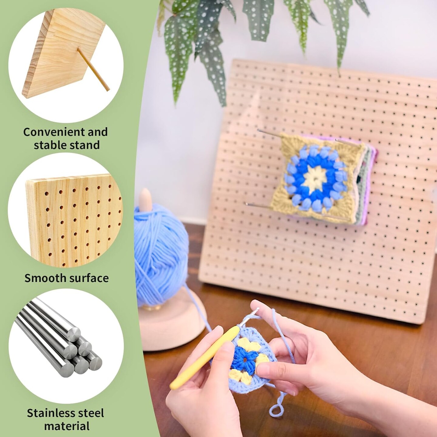 12 Inch Large Size Premium Wooden Crochet Blocking Board - Complete Crochet Accessories Set with 12 Steel Pins - Ideal for Knitting, Granny Squares, and Projects