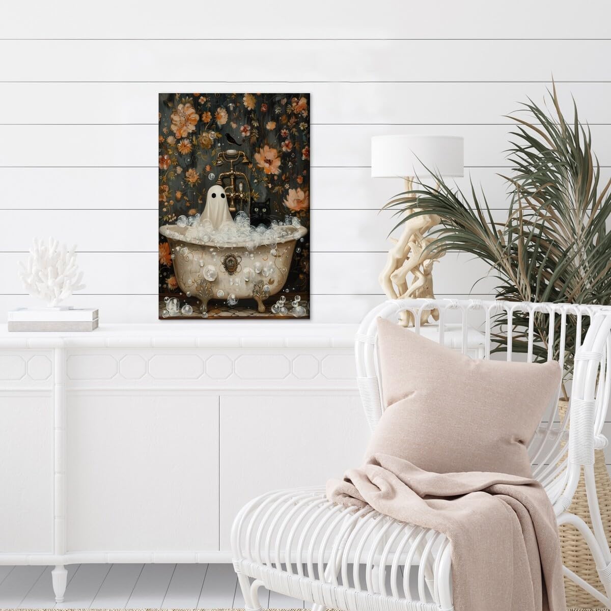 Halloween Canvas Wall Art - Ghost and Black Cat (12x18 Inch)