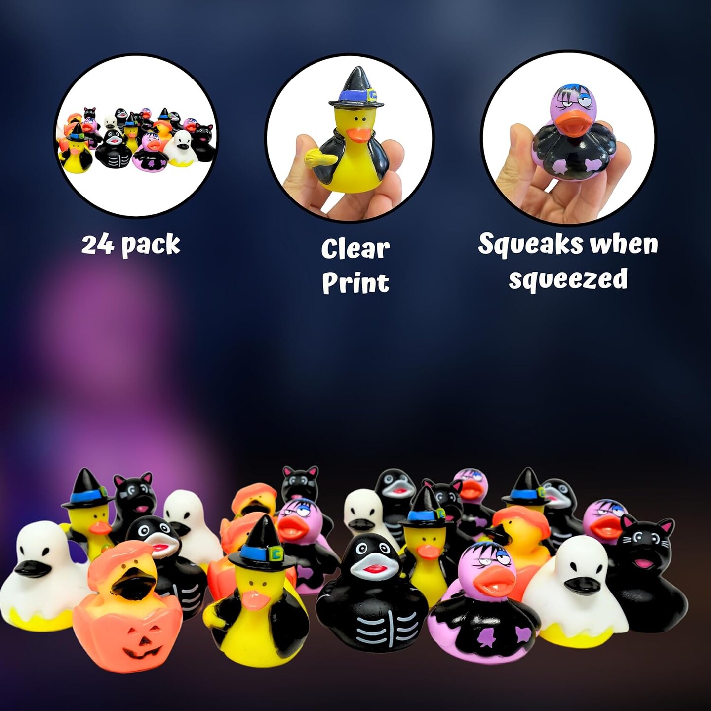 4E's Novelty Halloween Rubber Ducks Bulk 24 Pack – 6 Designs Pumpkin, Cat, Zombie, Witch, Skeleton & Ghost – 2.5" Halloween Party Favors, Goodie Bag Fillers, Jeep Ducking, Trick or Treat Toys