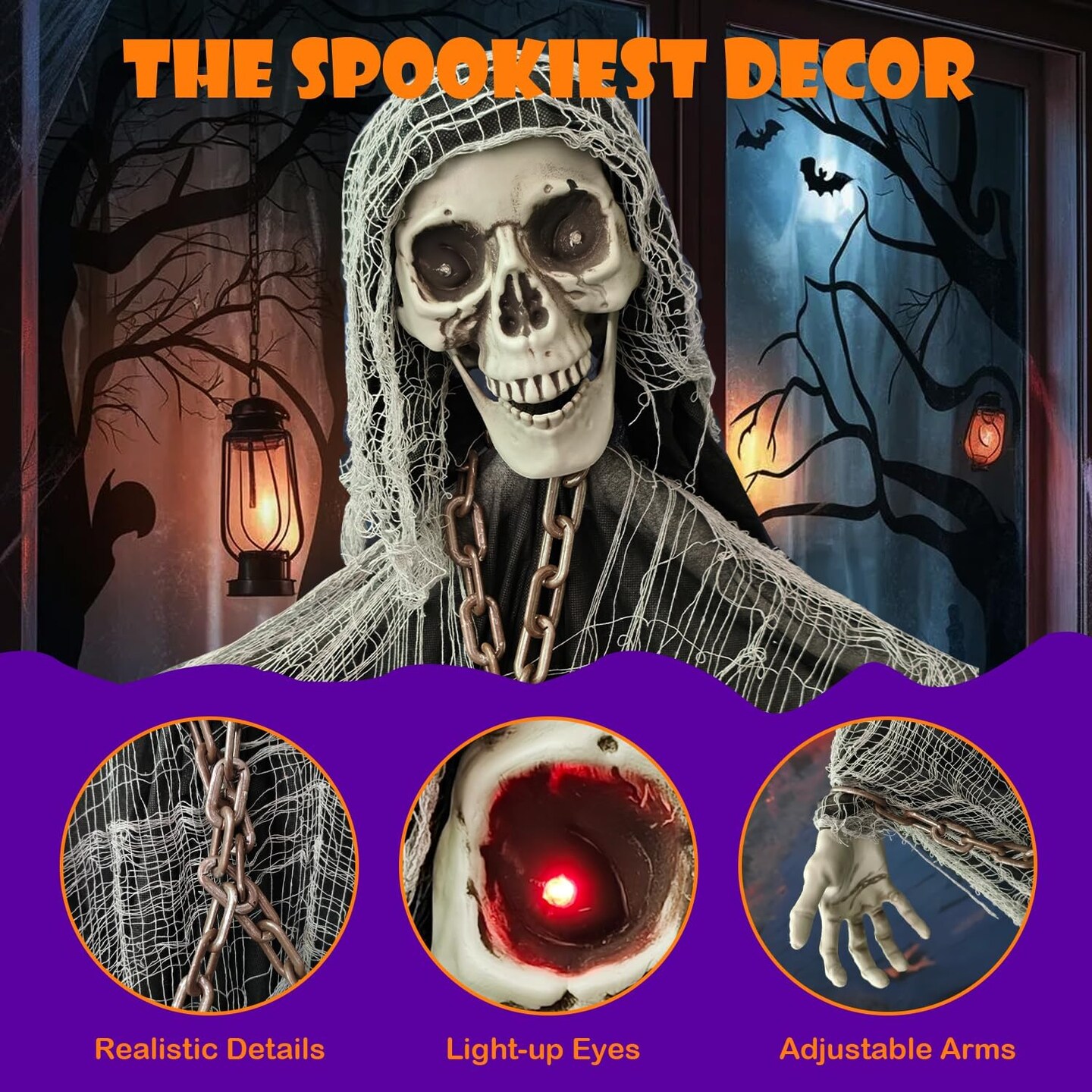6ft Sound-Controlled Swinging Scary Skeleton Ghost Decoration