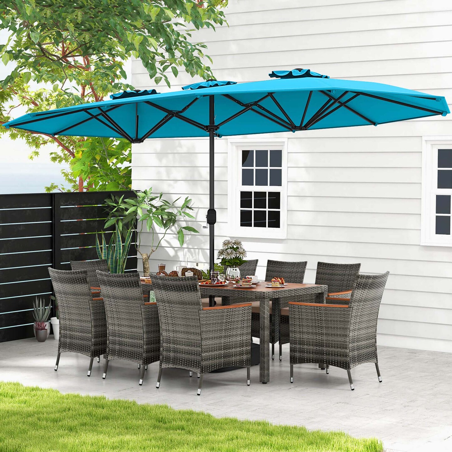Costway 10 Pieces Patio Wicker Dining Set with Double-Sided Patio Umbrella 8 Armchairs Grey/Red/Orange/Turquoise/Beige/Coffee