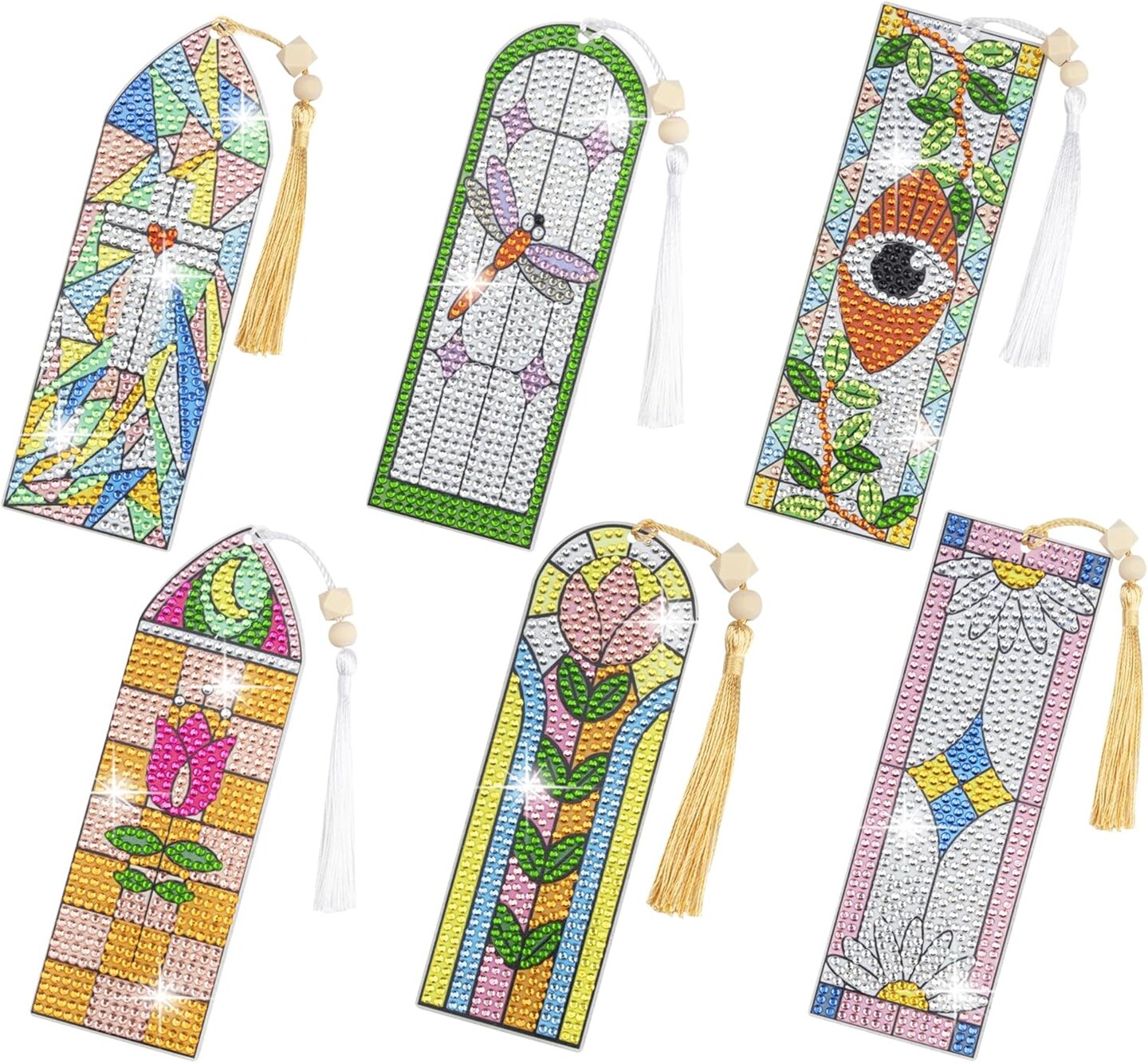 6 PCS 5D Diamond Painting Bookmarks – Stained Glass Acrylic DIY Craft Kit with Tassels & Wood Beads, Rhinestone Bookmarks for Reading & Gift