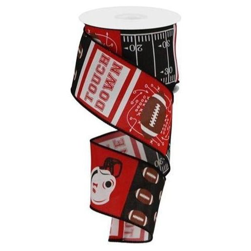 2.5" Football Block Pattern Ribbon: Red/Black (10 Yards)