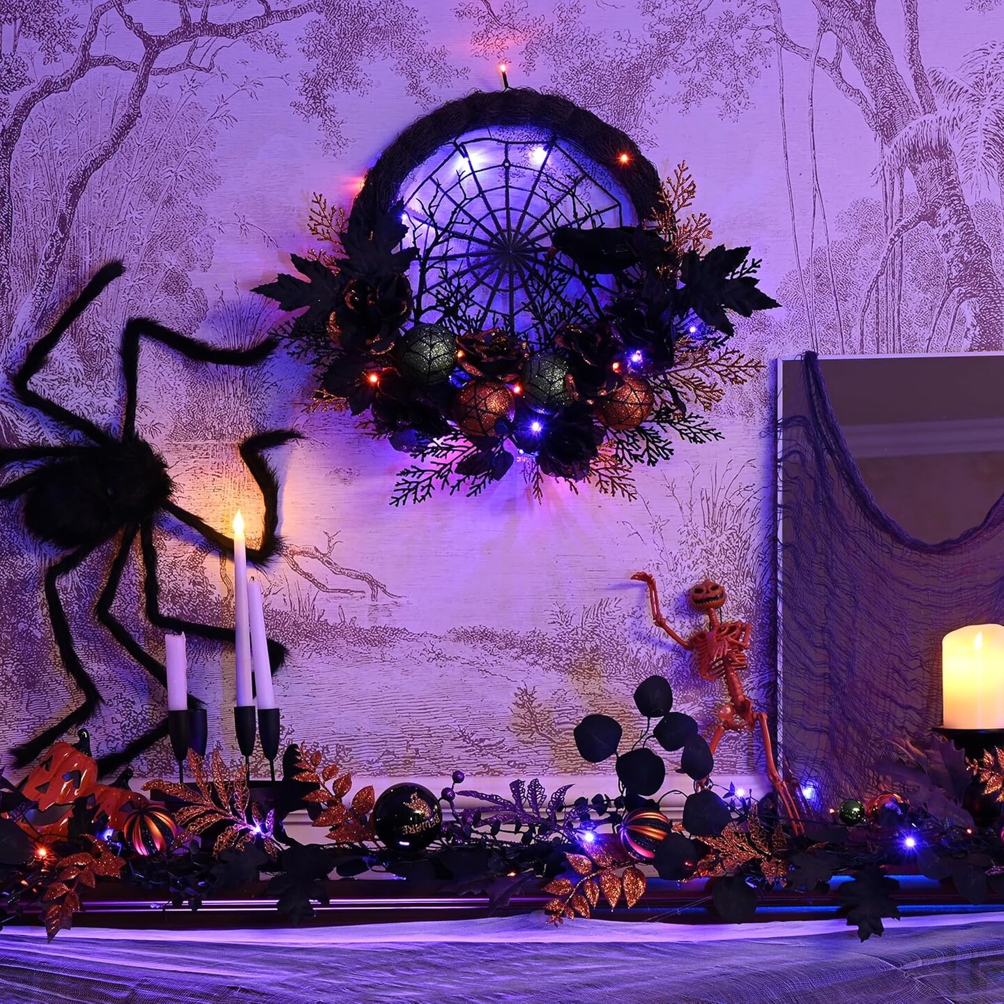 Halloween Garland for Mantel with Lights, 6 Feet Pre-Lit Jack-o&#x27;-Lantern Pumpkins