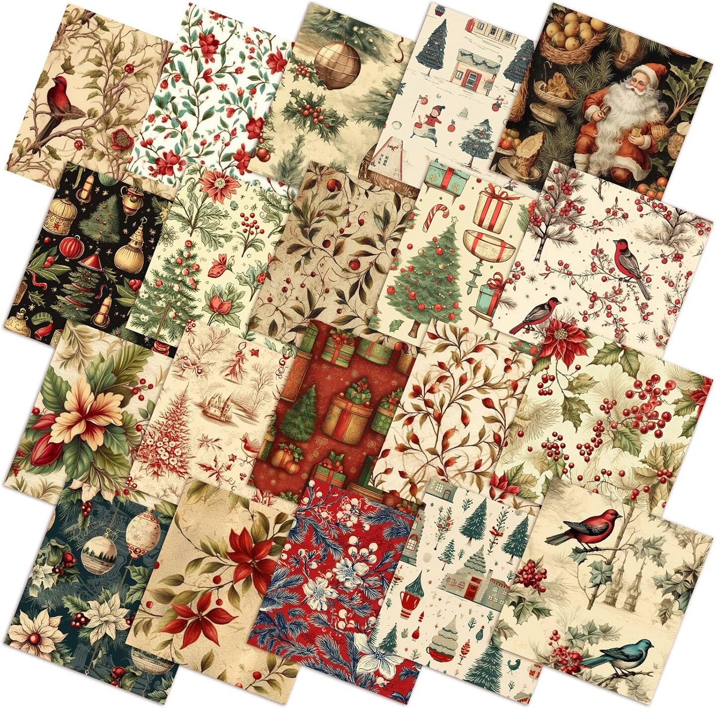 60PCS 10×10 Inch Vintage Christmas Quilting Fabric – Precut Fat Squares, Rustic Santa Claus & Red Cardinal Fabric Bundles for Patchwork, DIY Crafts & Sewing