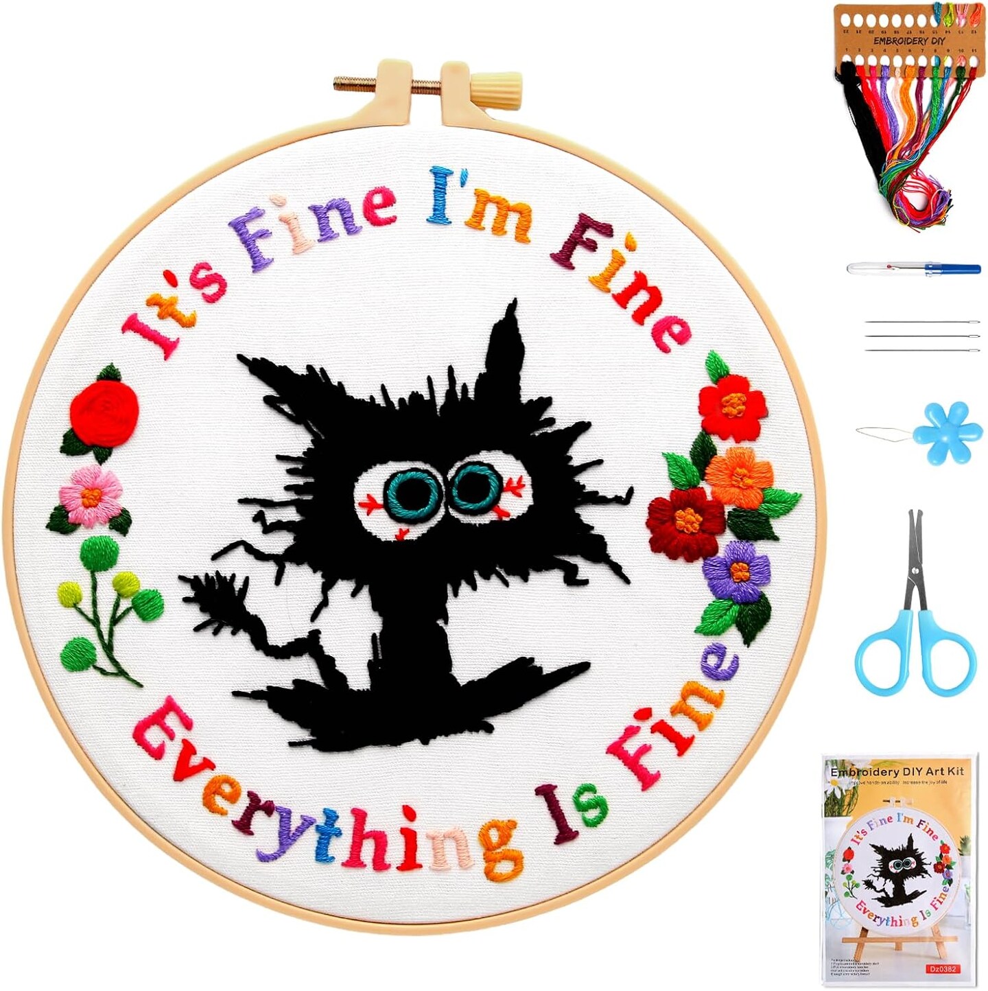 Cute Cat Embroidery Kits for Beginners, Adults Starter Cross Stitch Kit with Funny Animal Pattern