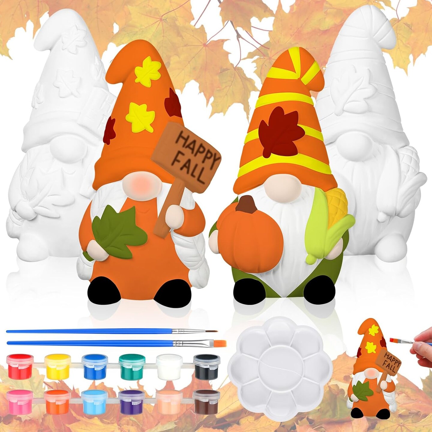 2 Pack Fall Ready to Paint Your Own Gnome Statues 4&#x27;&#x27; DIY Unpainted Ceramics Gnome Figurines Kit Blank Paintable Ceramics for Classroom Art Crafts