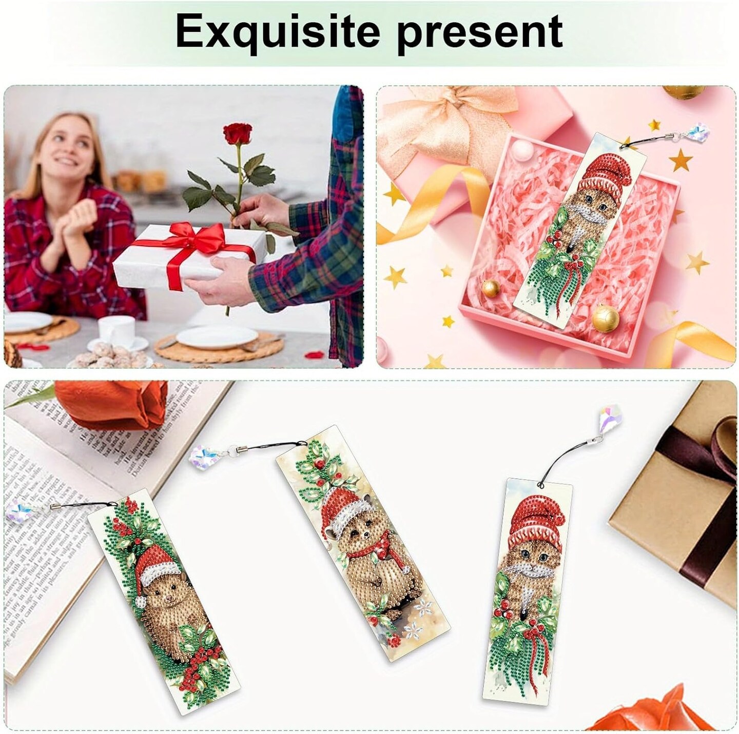 3-Piece Christmas Cat Diamond Art Bookmarks – DIY Handmade Diamond Painting for Book Lovers, Perfect Gift for Friends