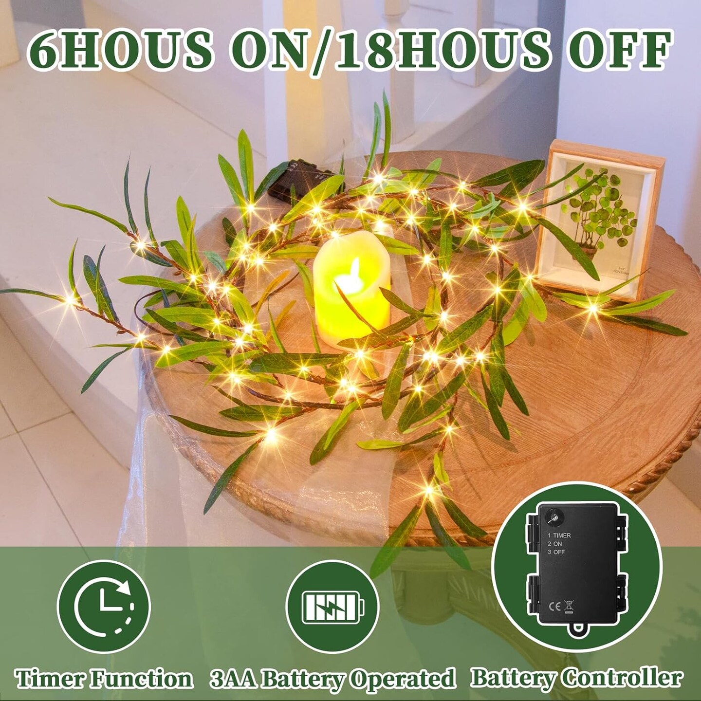 Lighted Artificial Olive Garland, 6FT LED Faux Greenery Vine Garland Lights Battery Operated
