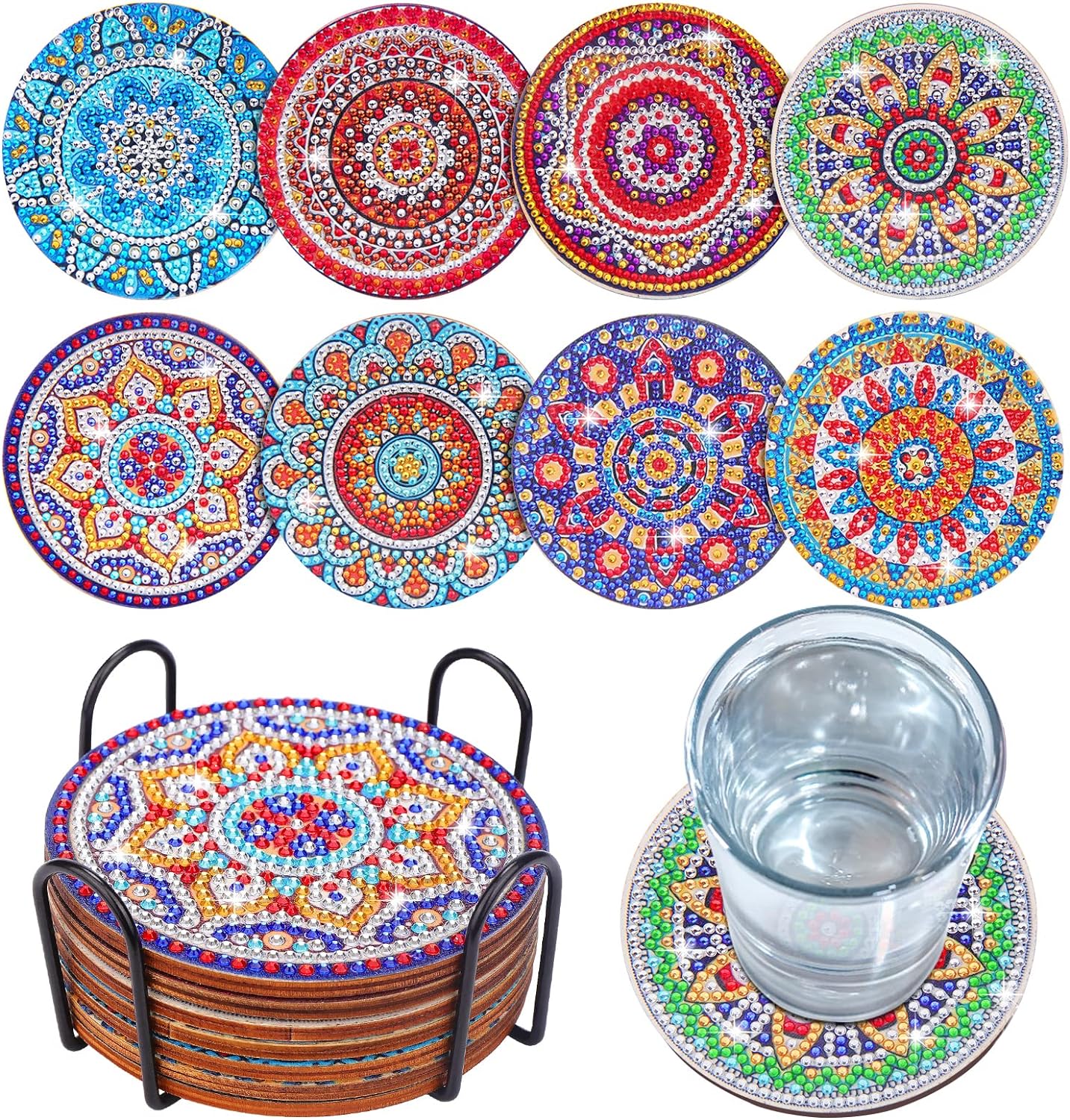 8 Pcs Coasters with Holder, Mandala DIY Diamond Art Crafts for Adults