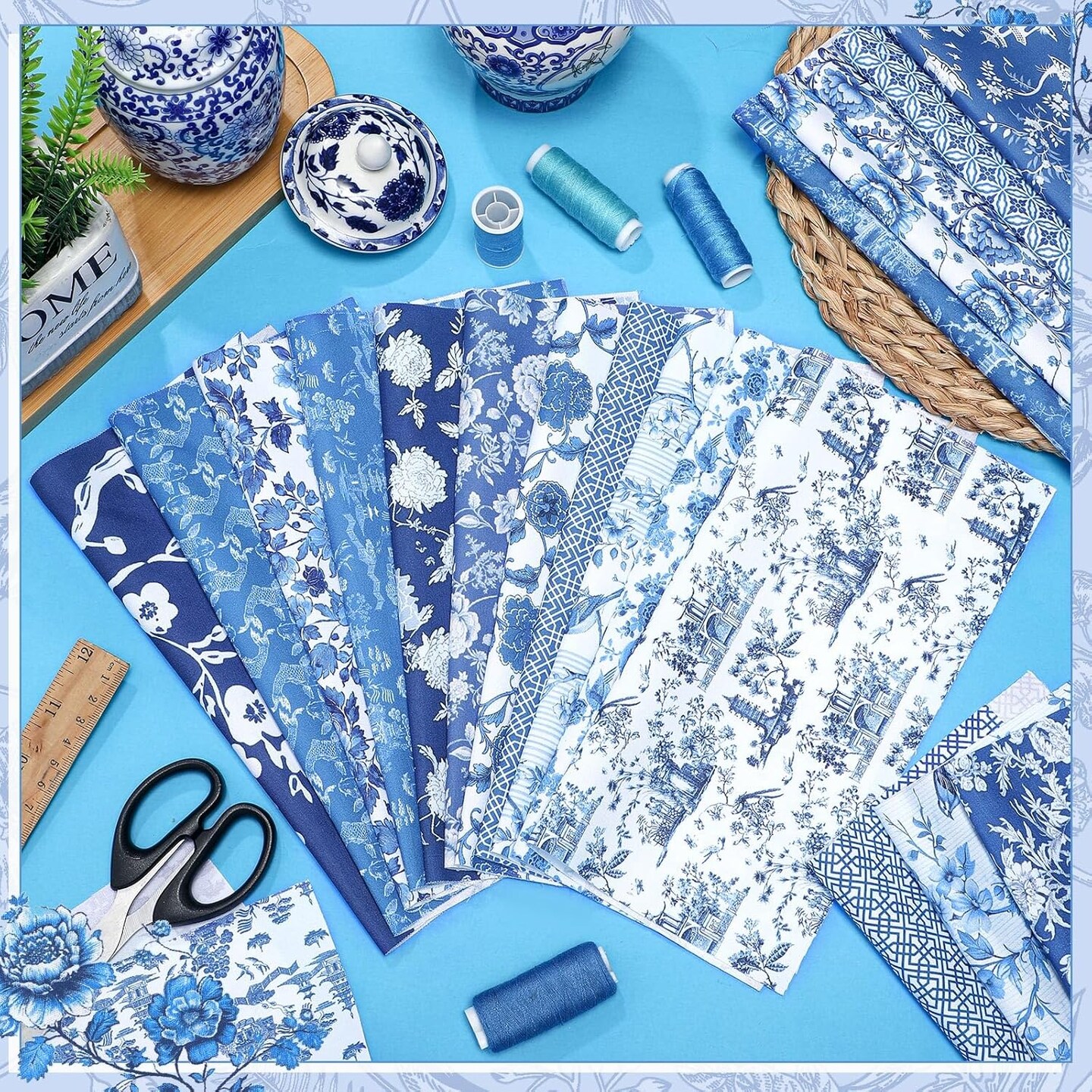 60 Pcs 10 x 10 Inch Blue and White Quilting Precut Fabric Squares