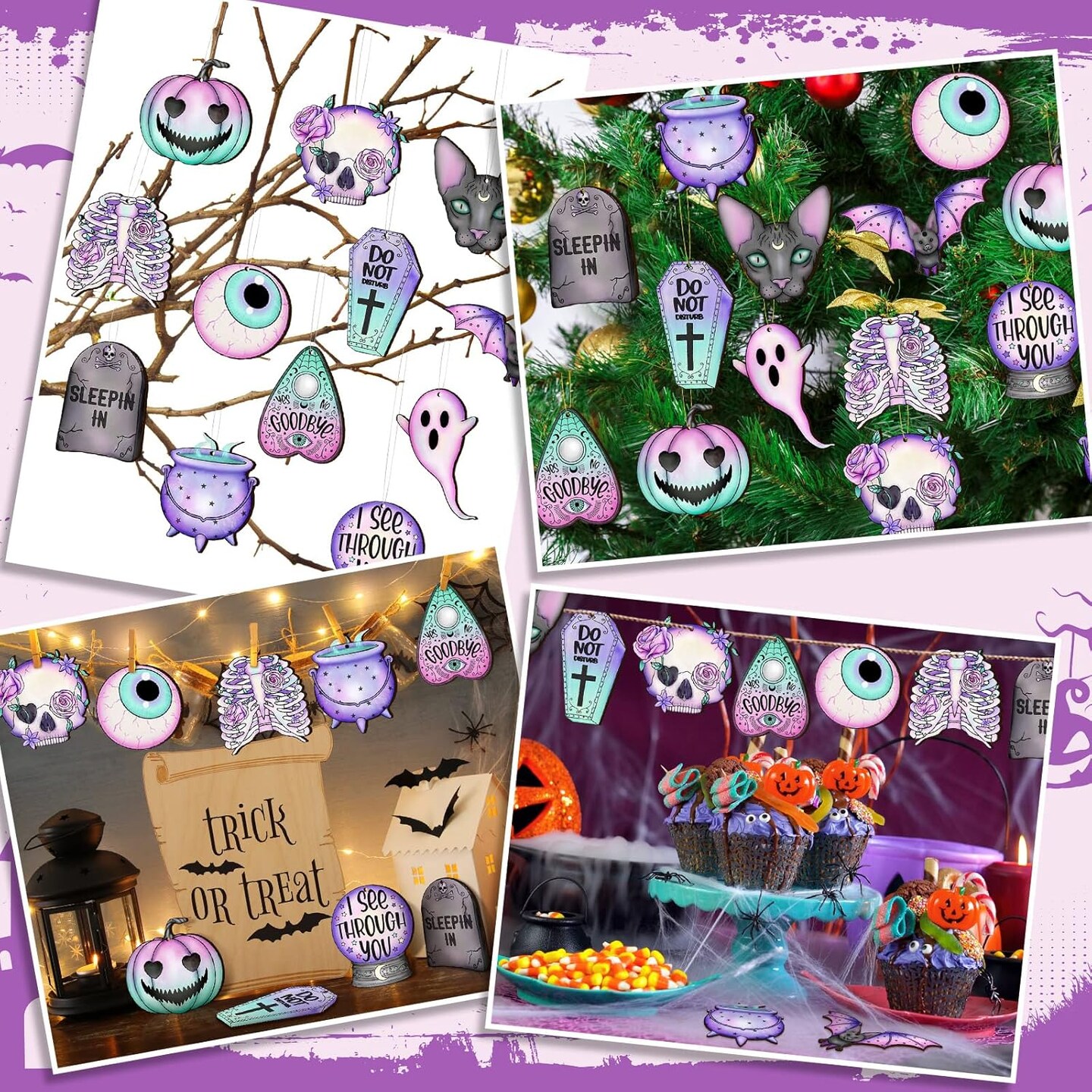 36 Pcs Halloween Wooden Ornaments Cute Purple Pink Spooky Tree Ornaments - Cute