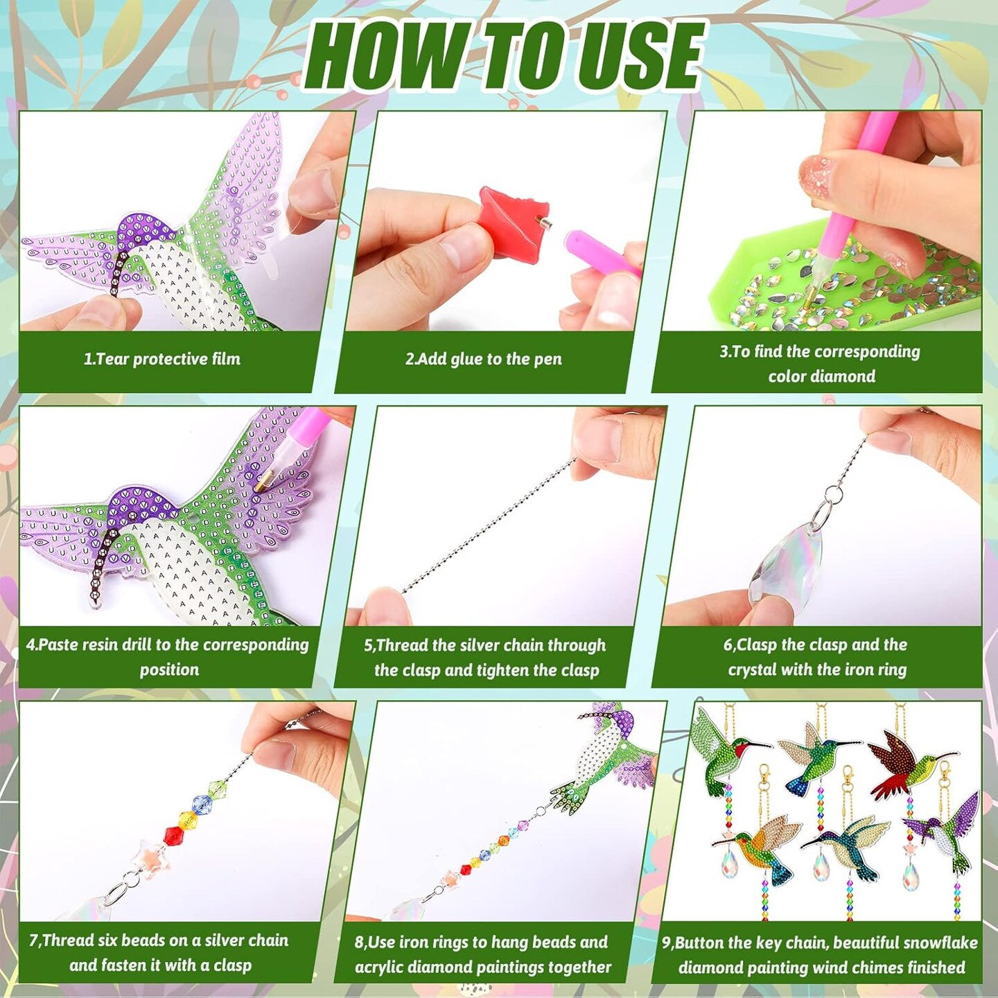 6 Pcs Hummingbird Diamond Art Wind Chimes – Double-Sided 5D DIY Rhinestone Summer Suncatchers for Adults, Crystal Pendant Home & Garden Decor