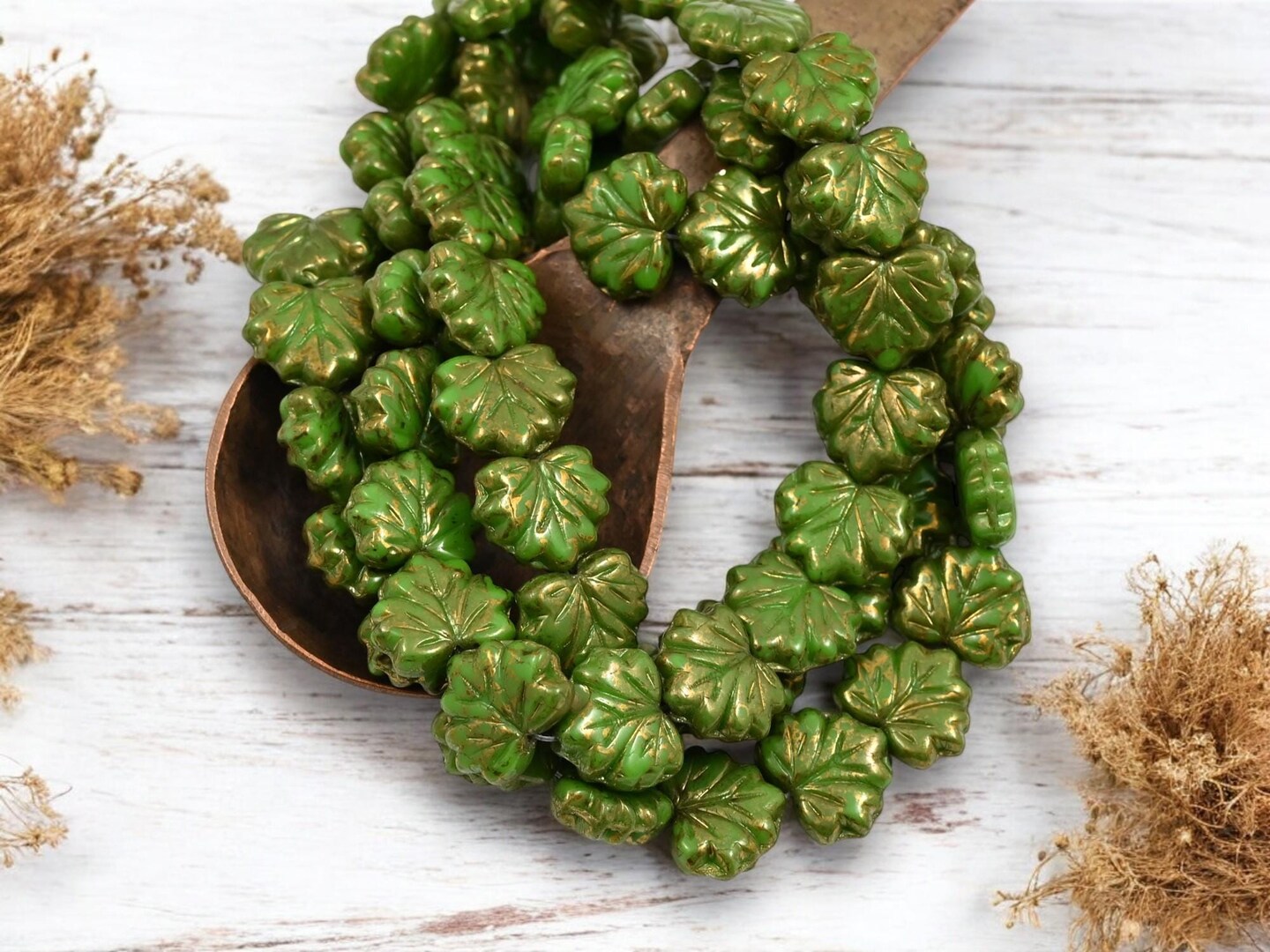 *20* 10x13mm Gold Lustered Olive Green Maple Leaf Beads