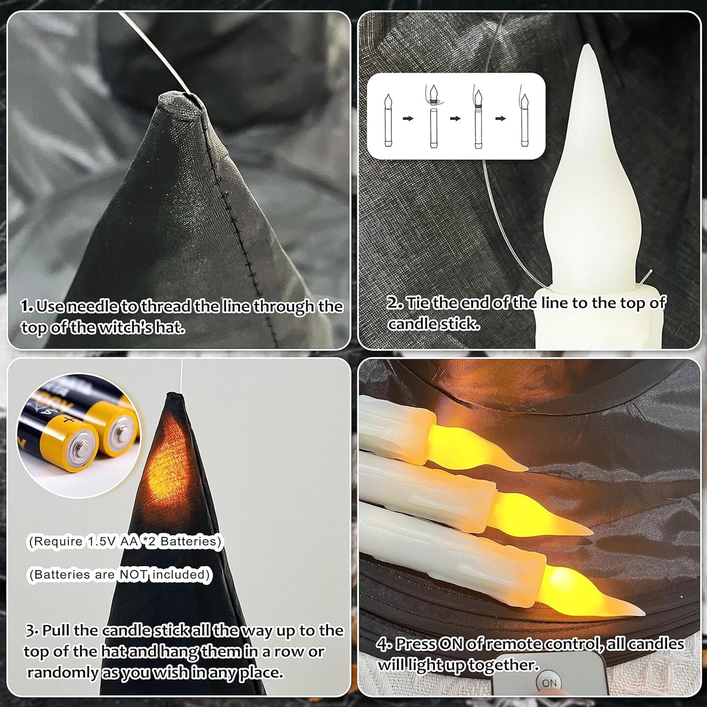 Black Light-Up Witch Hats with Flameless Candles&#x26; 3D Bat Wall Stickers &#x2013; Halloween Decor