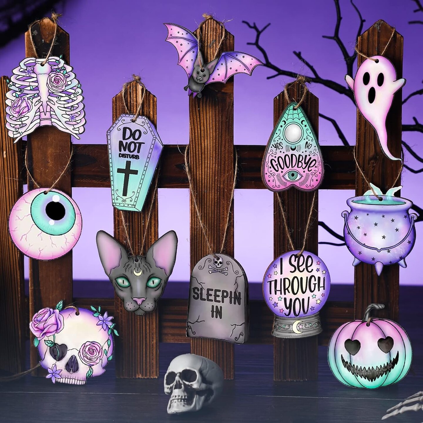 36 Pcs Halloween Wooden Ornaments Cute Purple Pink Spooky Tree Ornaments - Cute