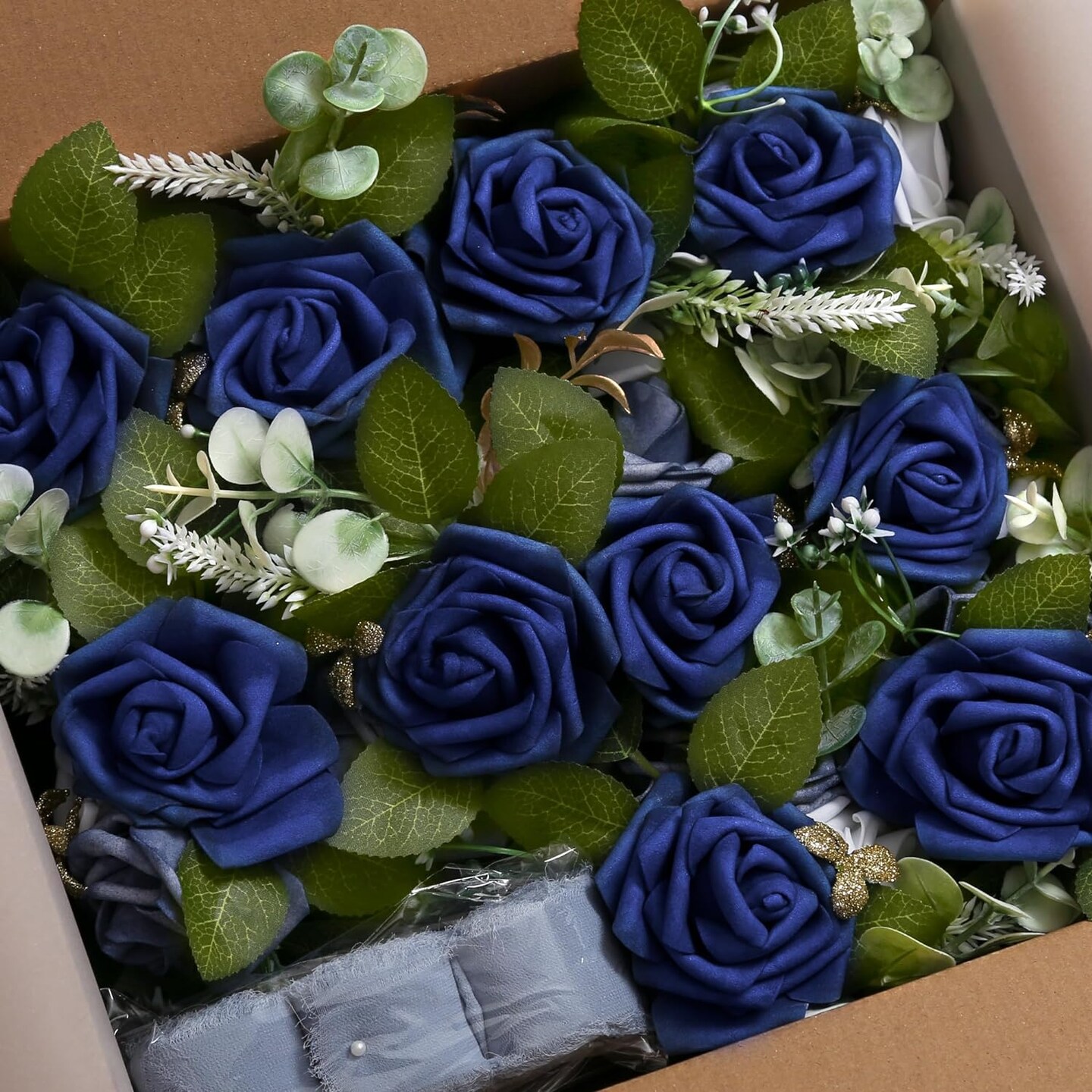 Chair Decorations Party Decor with Artificial Flowers Eucalyptus and Ribbons Blue