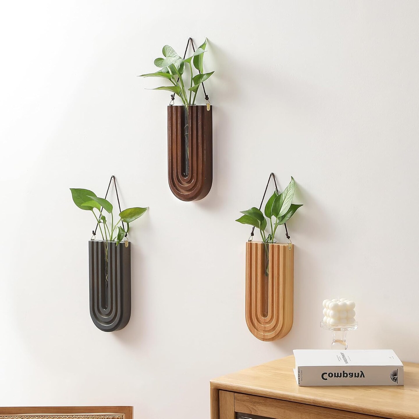 Set of 3 Wood Wall Planter Propagation Station Rainbow U Shape Hanging Vases