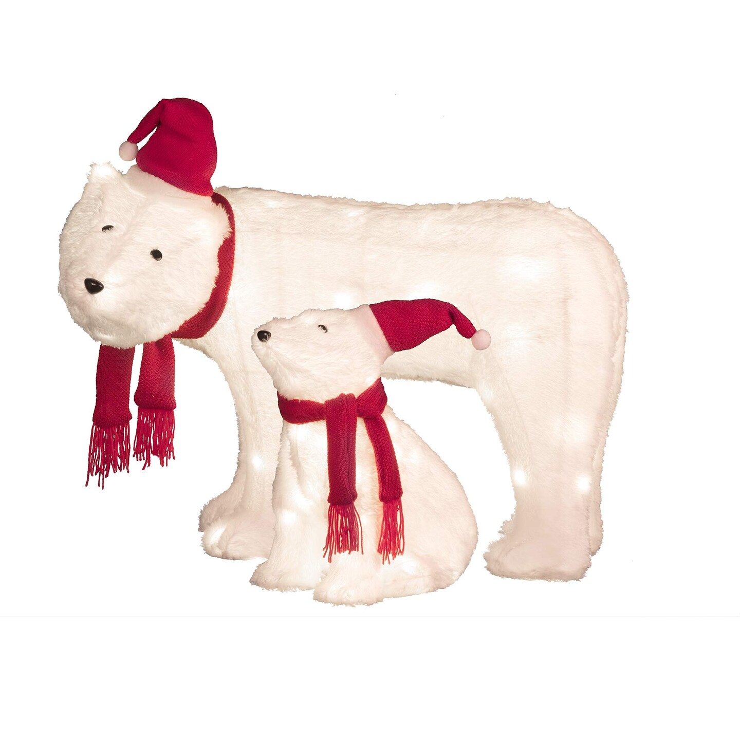 Haute Decor Mama and Baby Polar Bear (Set of 2) Easy Setup Outdoor Lighted Christmas Yard Decor with 50 Warm White LED Lights and Classic Red and White Hat and Scarf