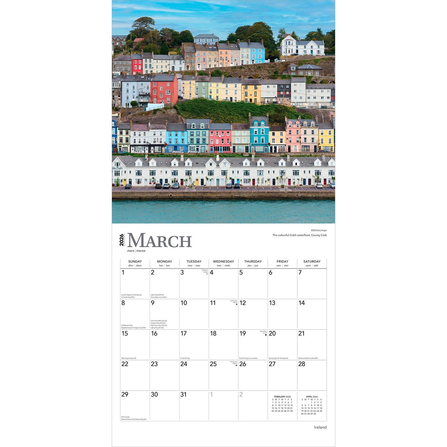 Ireland | 2026 12 x 24 Inch (Hanging) Monthly Square Wall Calendar | Plastic-Free