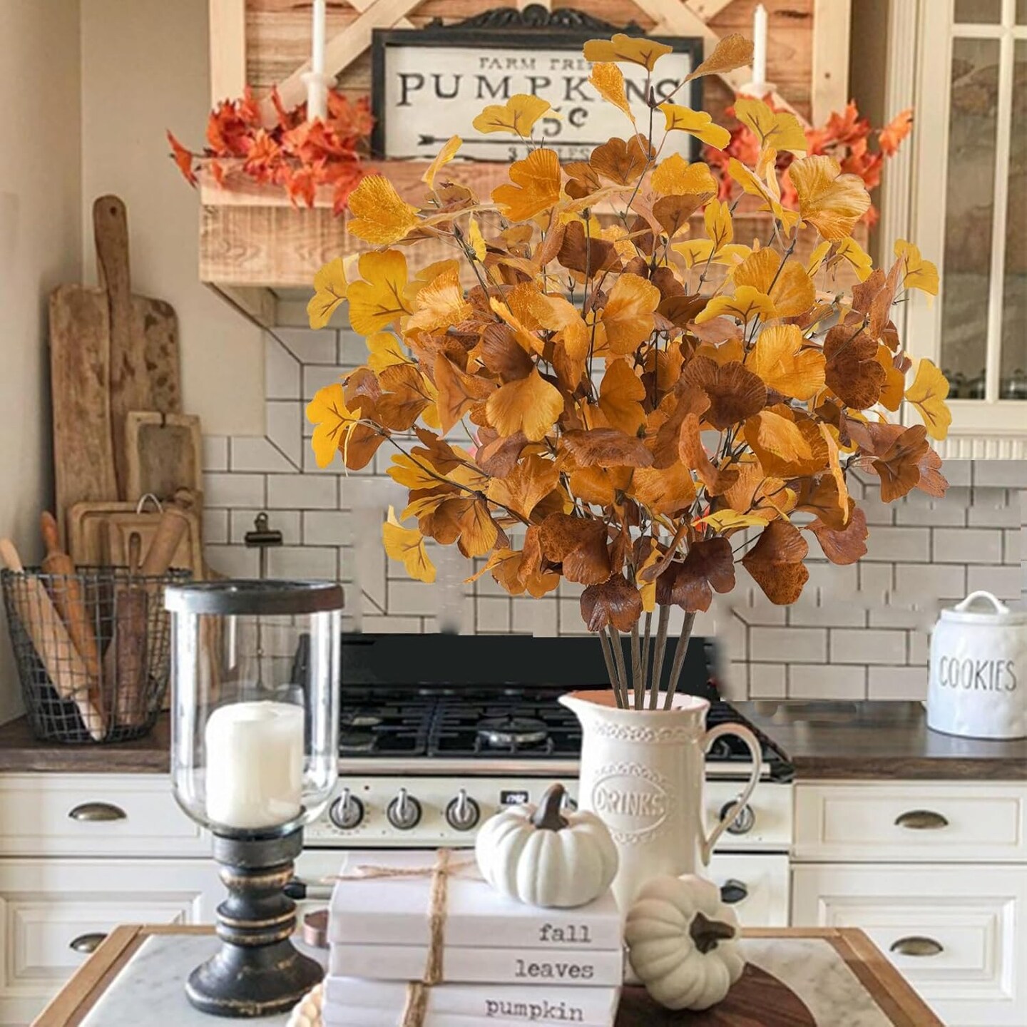 6 Pcs Artificial Fall Ginkgo Leaves Stems