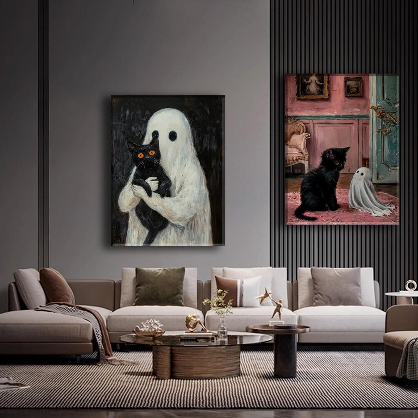 Set of 2 Framed Ghost and Black Cat Wall Art - 12x16 Inch