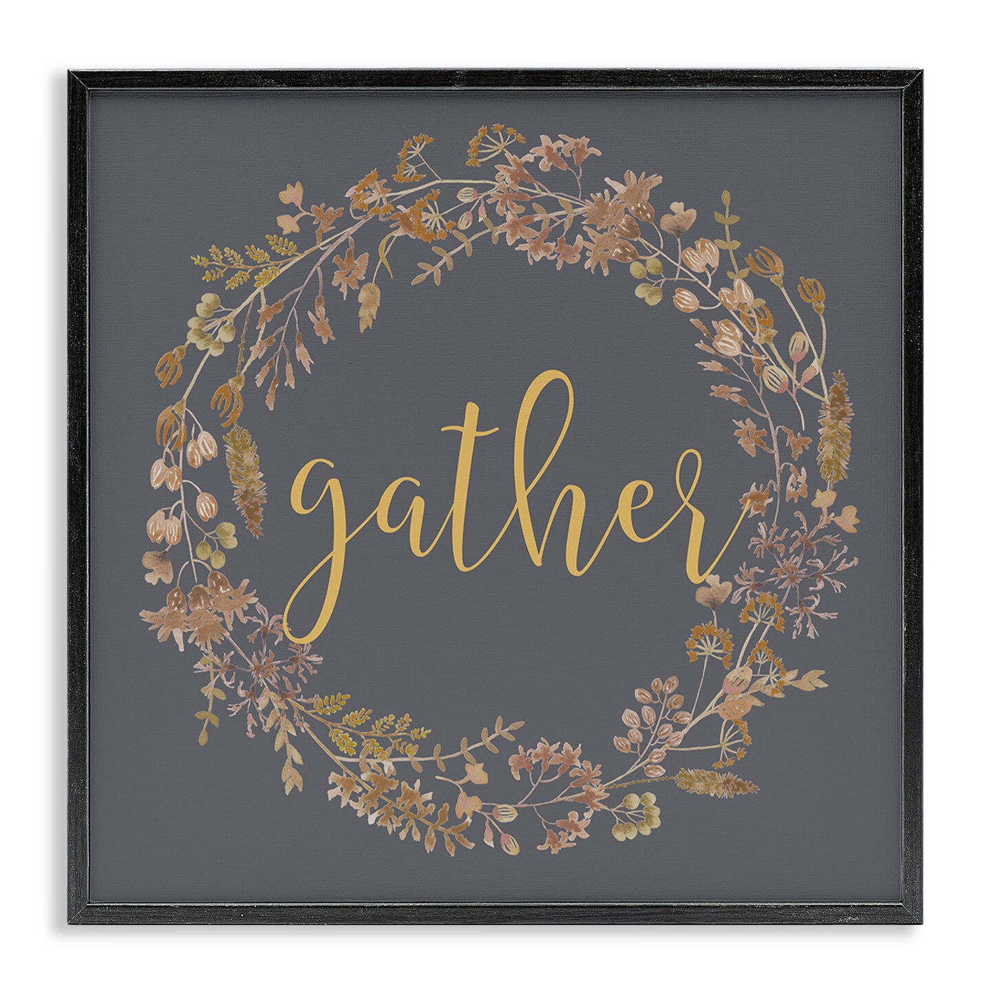 Gather Calligraphy Rustic Autumn Botanical Blooms Wreath Framed Giclee Art