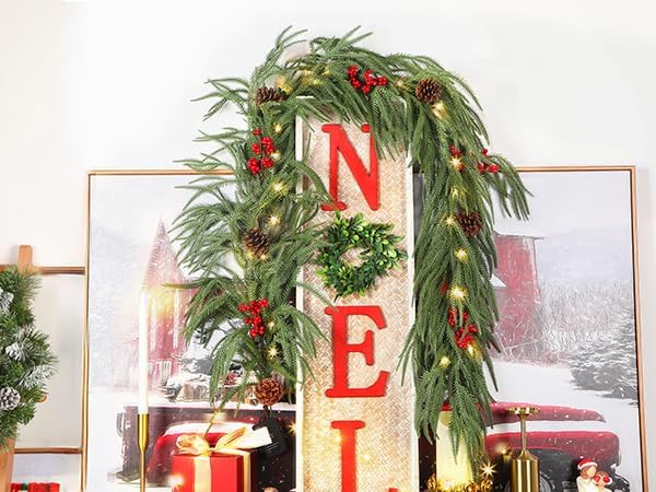 9FT Christmas Garland Prelit Faux Decorations, Realistic Green Norfolk Pine Garland