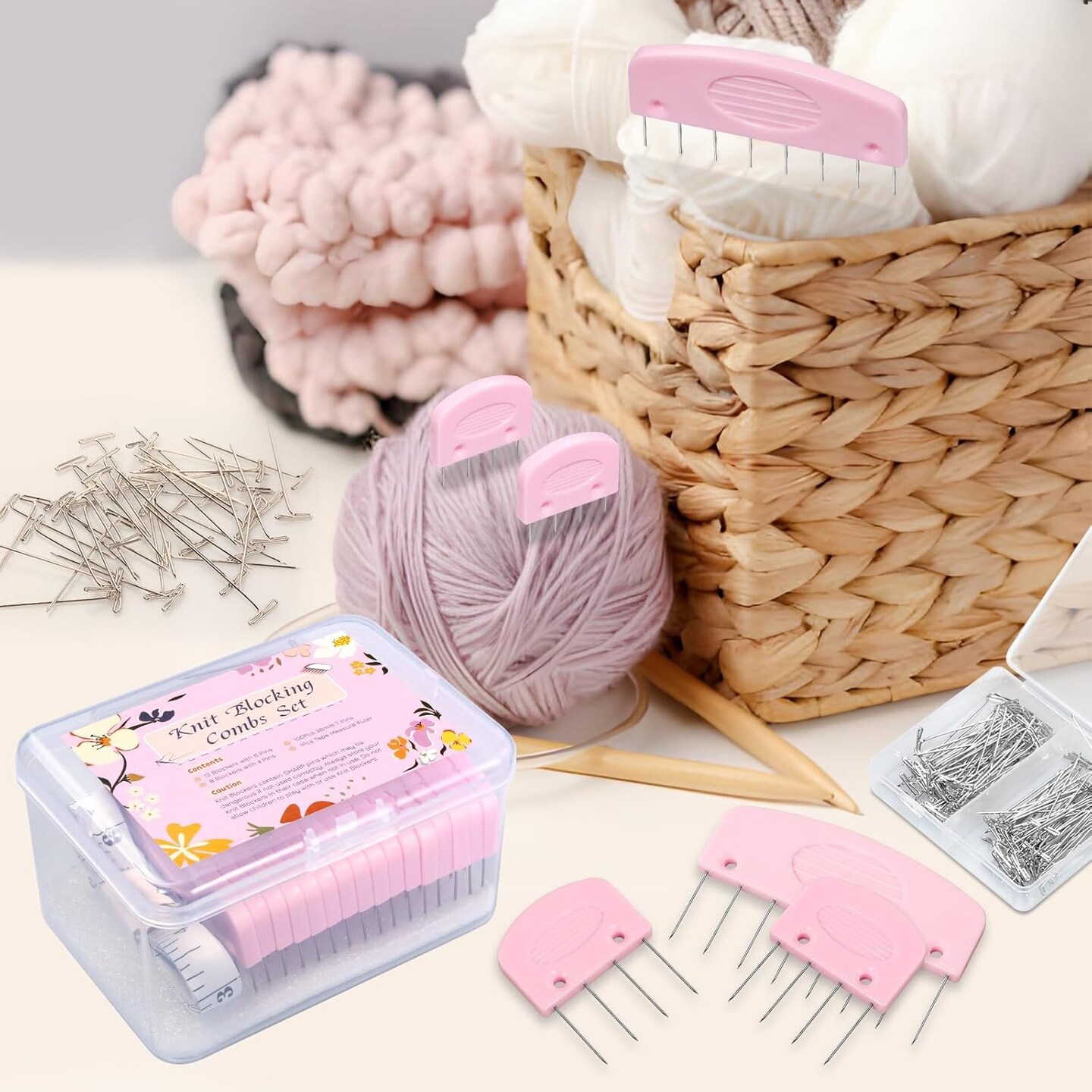 120-Piece Knit Blocking Pins Kit for Knitting and Crochet, Includes 20 Knit Blocking Combs, 100 T-Pins for Blocking Mats, with Storage Box