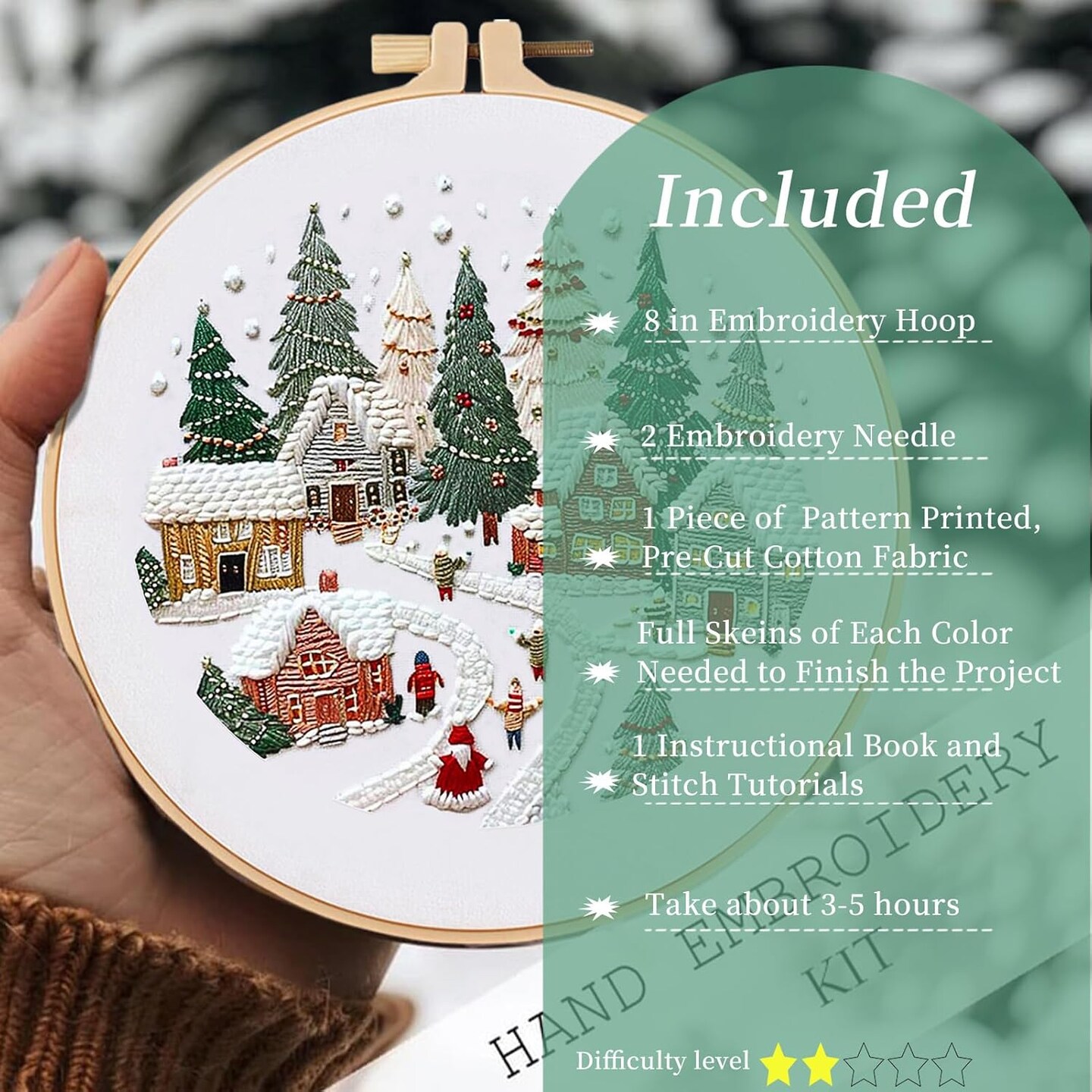 Crewel Christmas Embroidery Kit for Beginners – Winter Snow Scene Pine & Owl Cross Stitch Set, Includes Color Threads, Needle, 8’’ Hoop & Video Tutorial (White)
