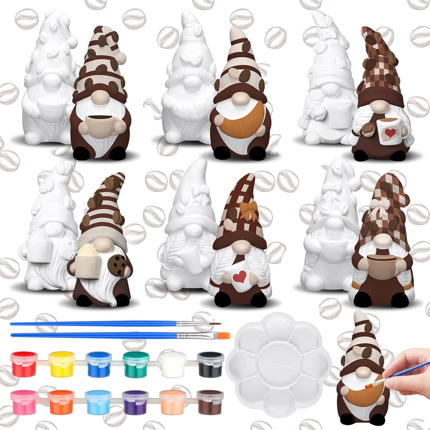 6 Sets Ready to Paint Your Own Coffee Gnome Statue, 4&#x22; Mini Paintable Ceramics Blank Coffee Gnome Figurine