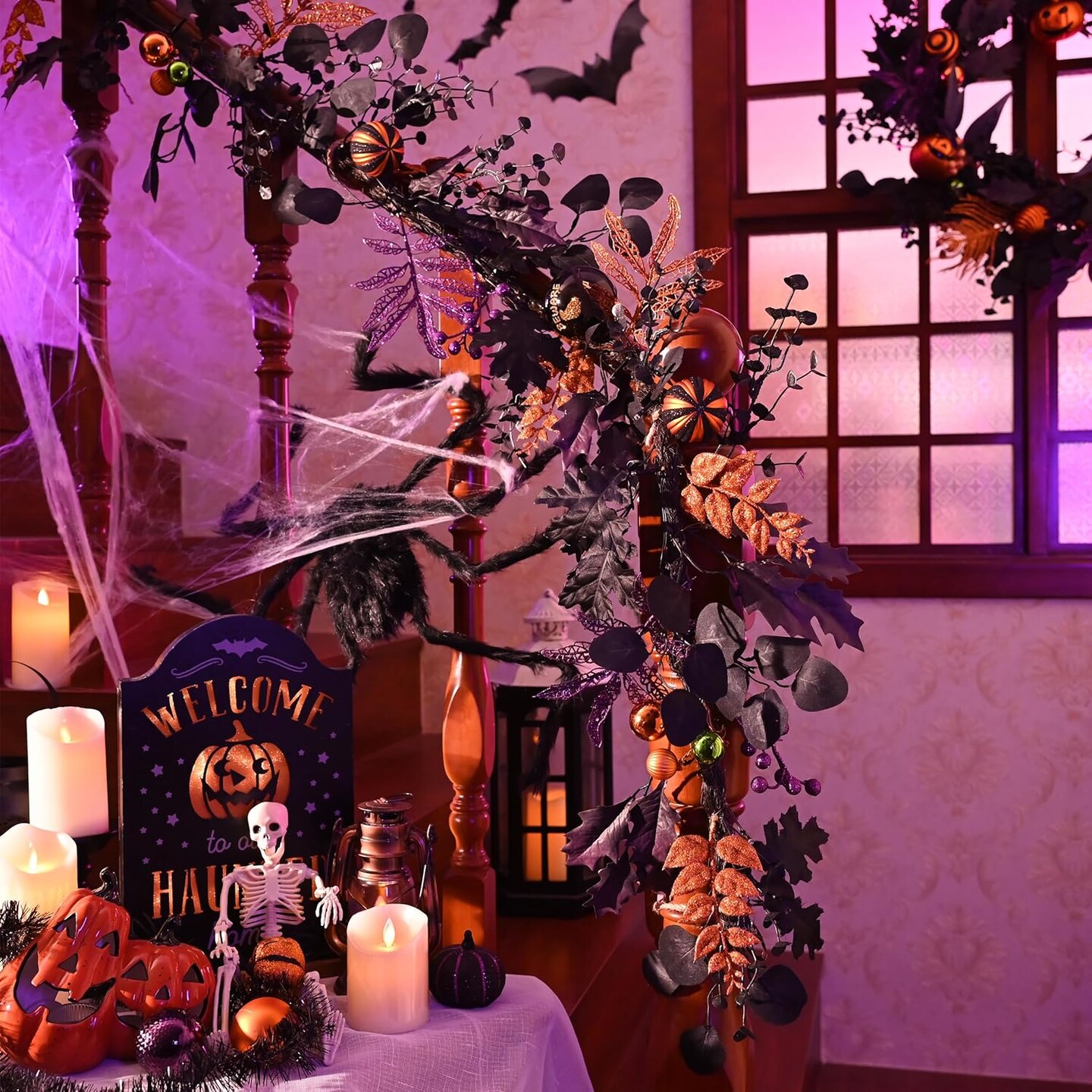 Halloween Garland for Mantel with Lights, 6 Feet Pre-Lit Jack-o'-Lantern Pumpkins