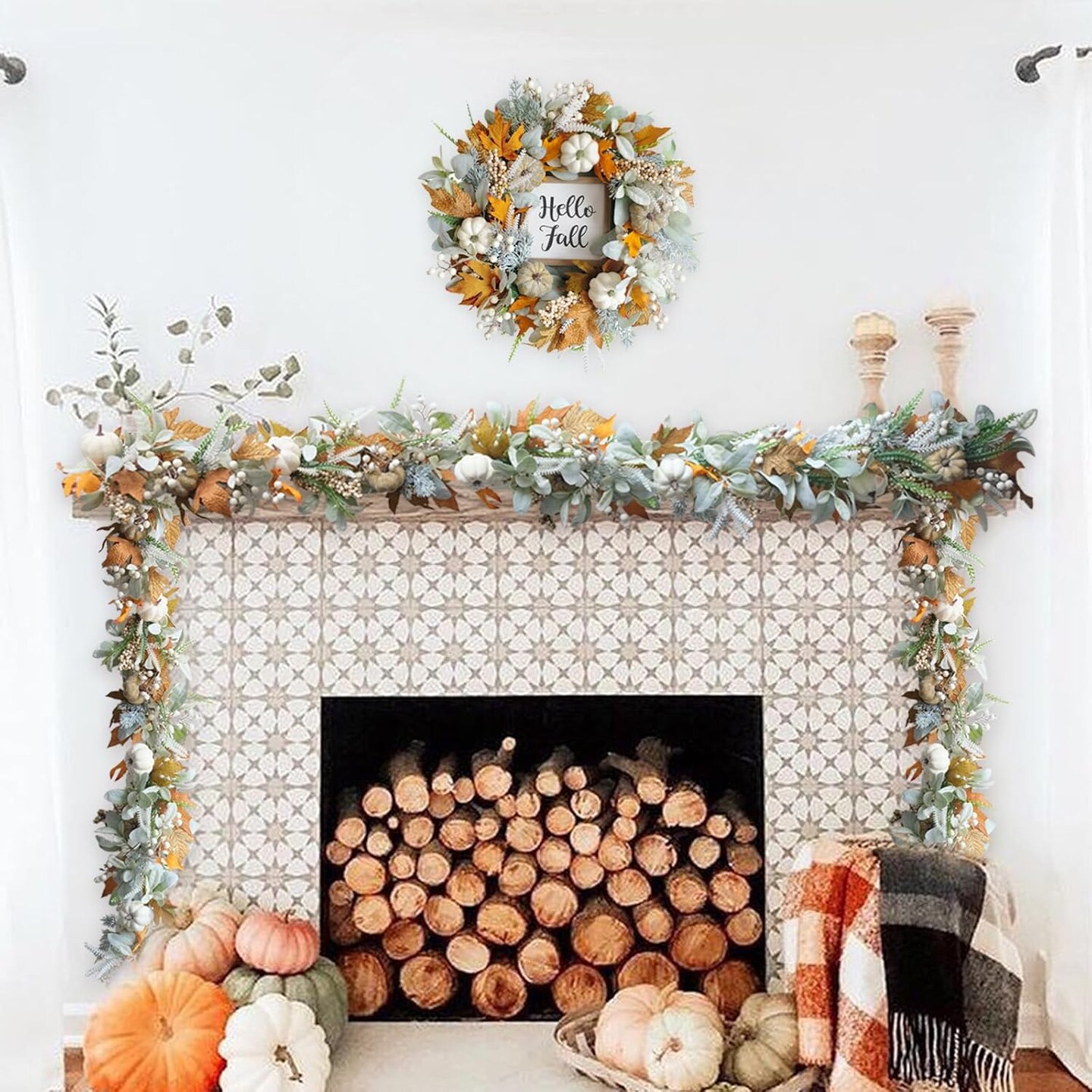 Thanksgiving Fall Wreath Eucalyptus Berries Pumpkins Lamb Ears Leaves Pumpkin Garland