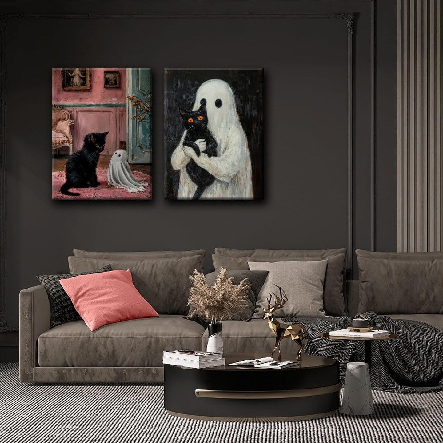 Set of 2 Framed Ghost and Black Cat Wall Art - 12x16 Inch