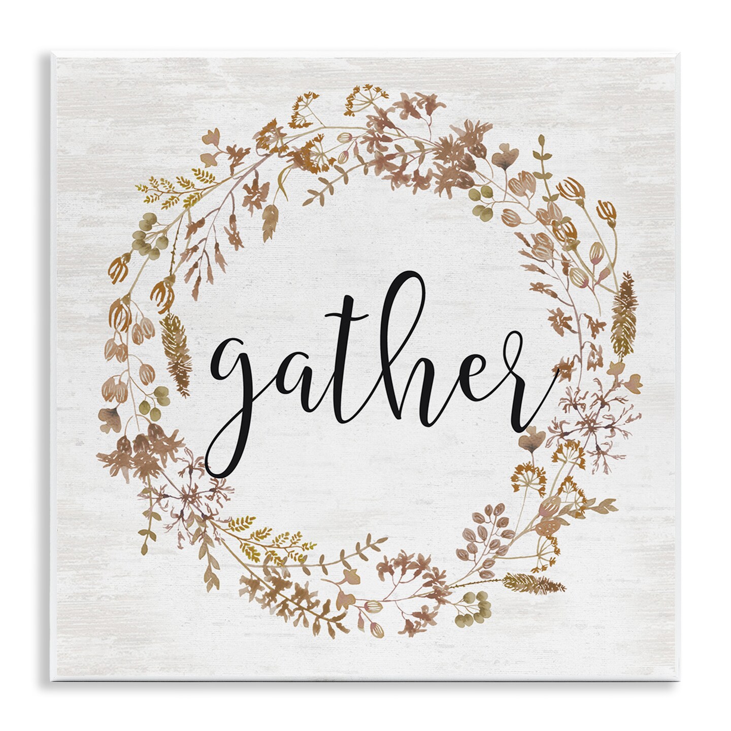 Rustic Gather Script Delicate Floral Botanicals Wreath Wall Plaque Art