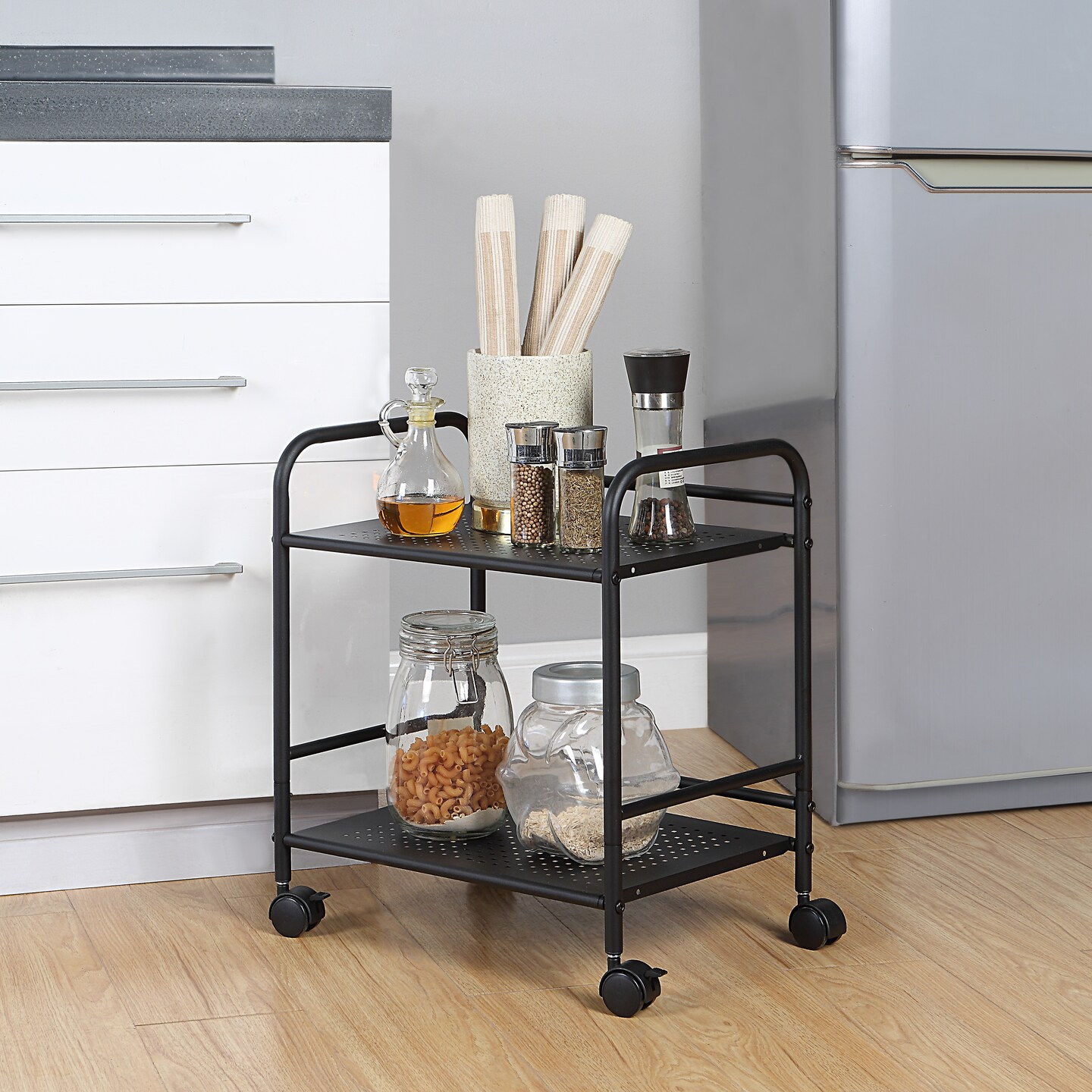2-Tier Metal Rolling Utility Cart &#x2013; Mobile Storage Shelf with Caster WheelsC