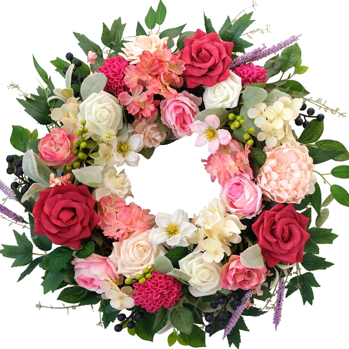 22 Inch Spring Floral Wreath for Front Door, Artificial Rose